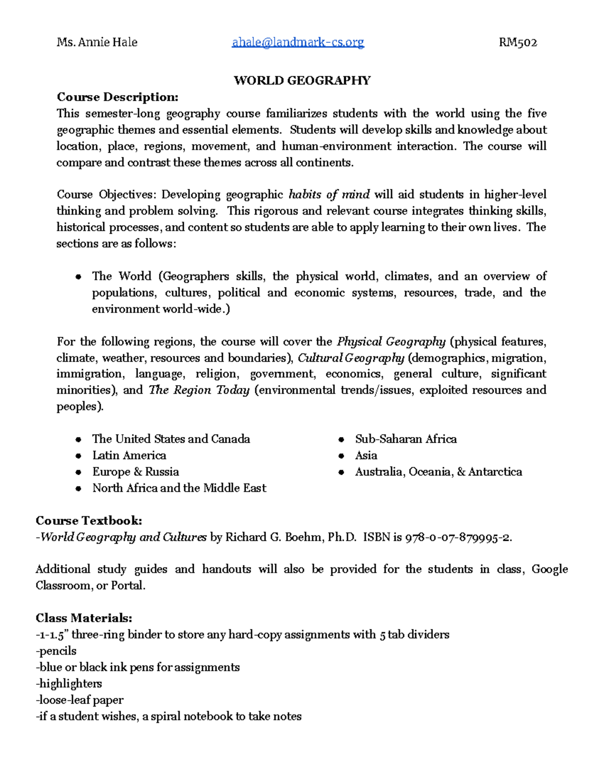 WorldGeographySyllabus WORLD GEOGRAPHY Course Description This