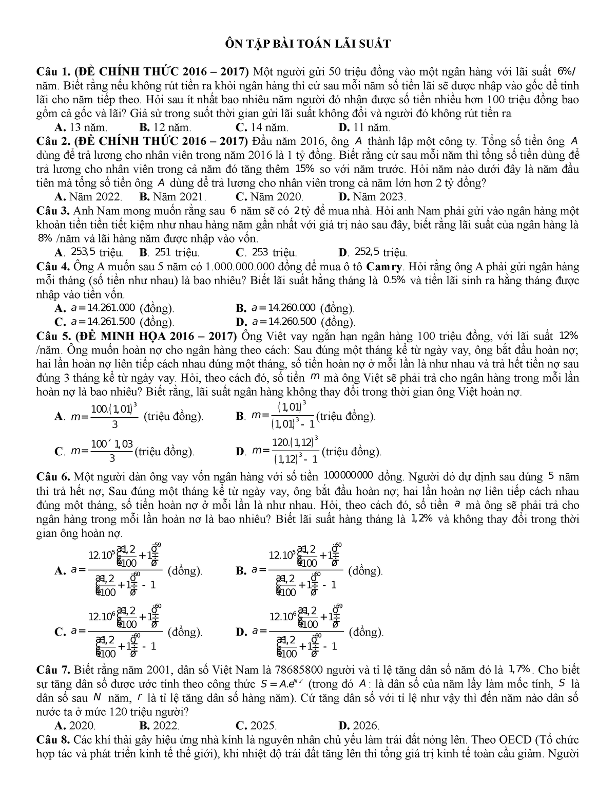 LÃi SuẤt Lai Suat Ôn TẬp BÀi ToÁn LÃi SuẤt Câu 1 ĐỀ ChÍnh ThỨc