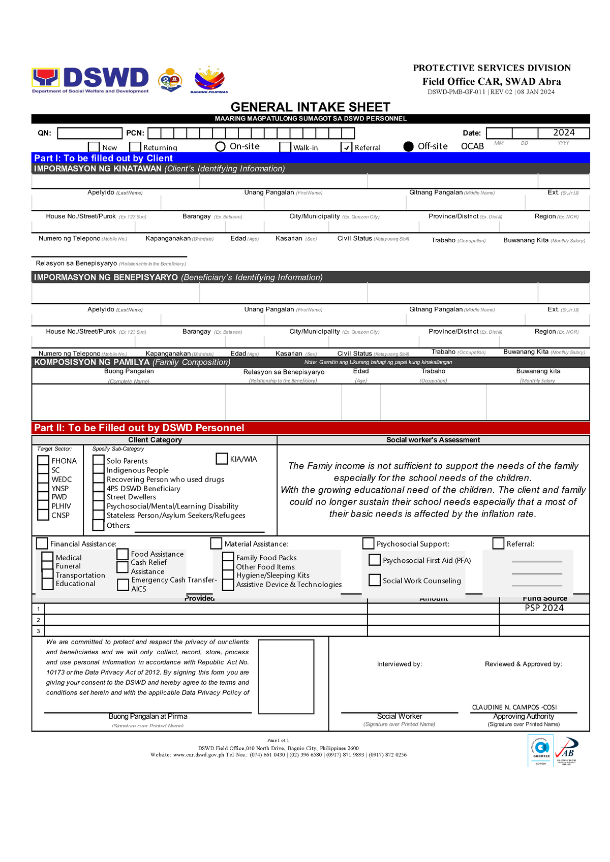 DSWD General Intake Sheet A4 2024 Specify Sub Category 1 2 3 Target   Thumb 1200 1697 