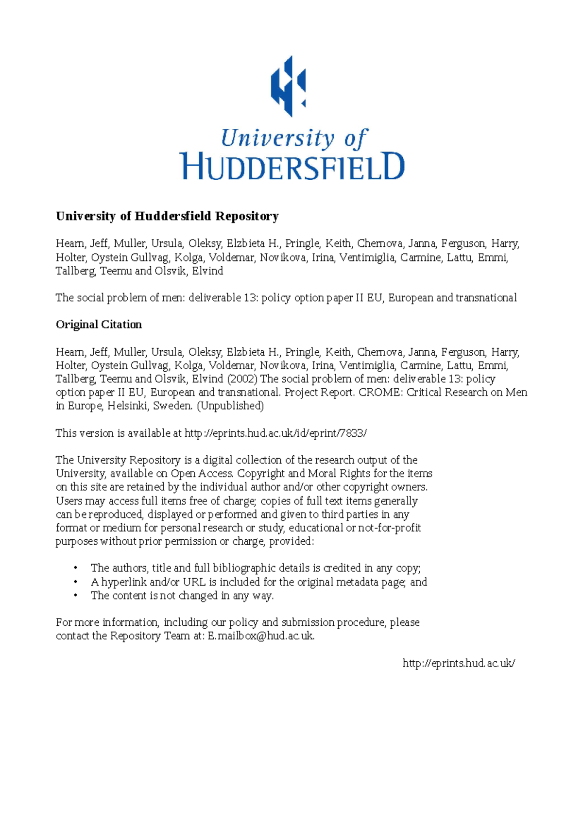 Policy Option Paper II EU European and T - University of Huddersfield ...