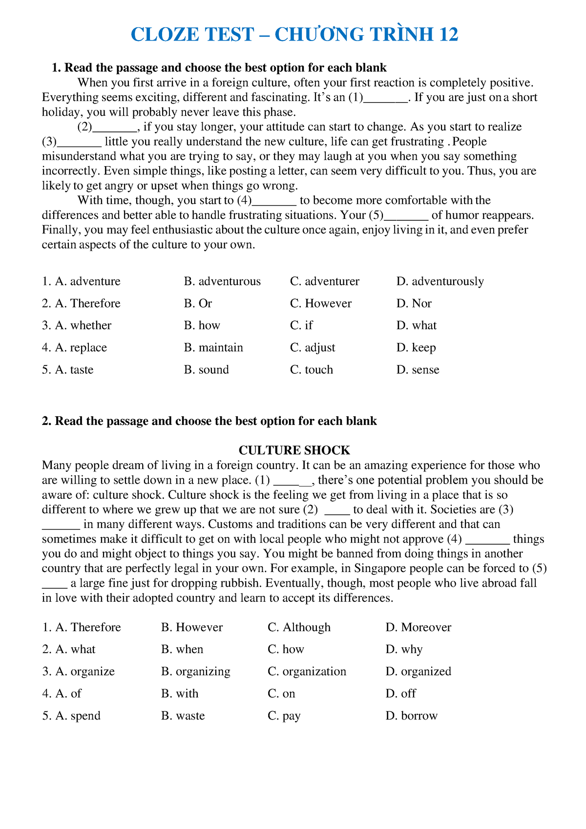 Cloze TEST – CHƯƠNG Trình 12 - CLOZE TEST – CHƯƠNG TRÌNH 12 Read The ...