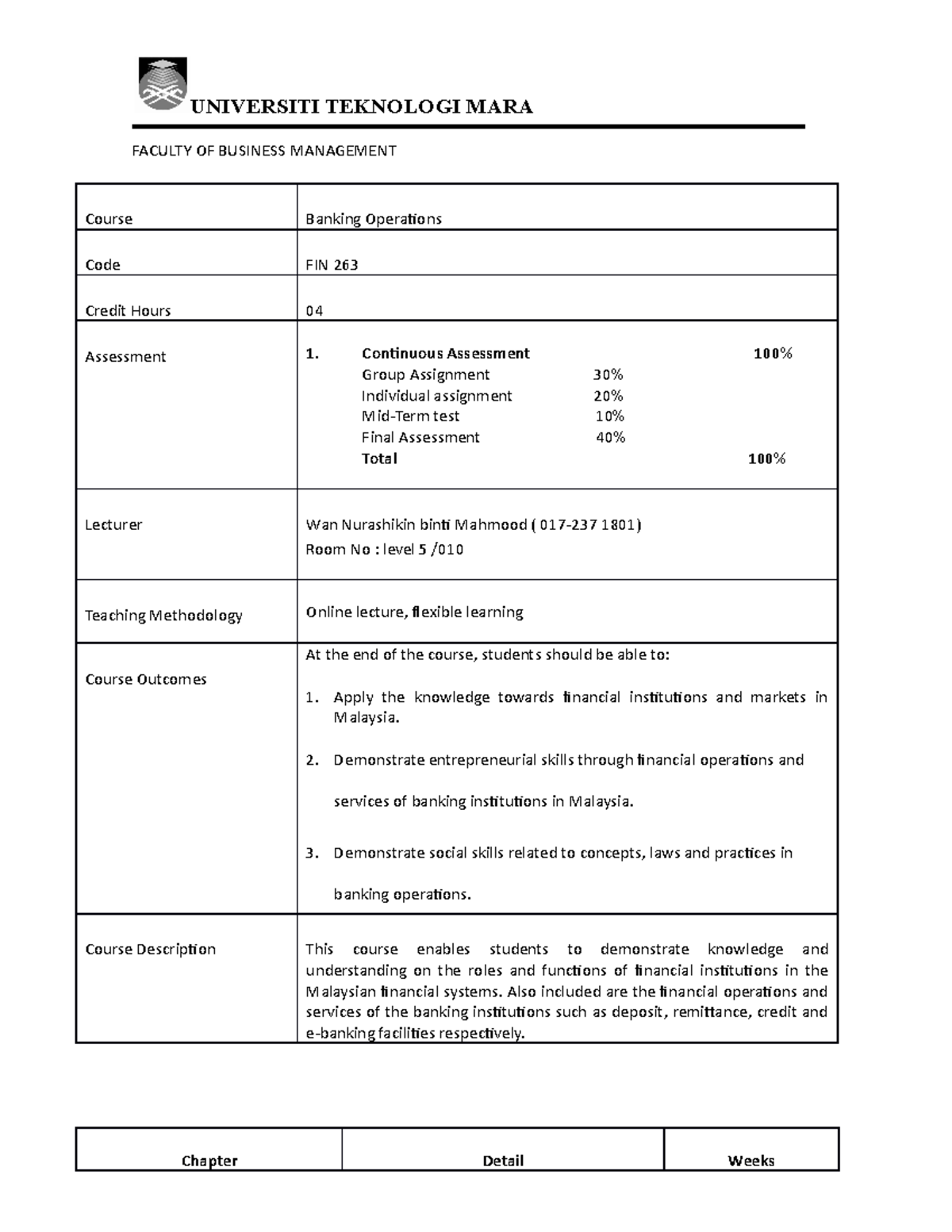 FIN263 Course Outline - UNIVERSITI TEKNOLOGI MARA FACULTY OF BUSINESS ...