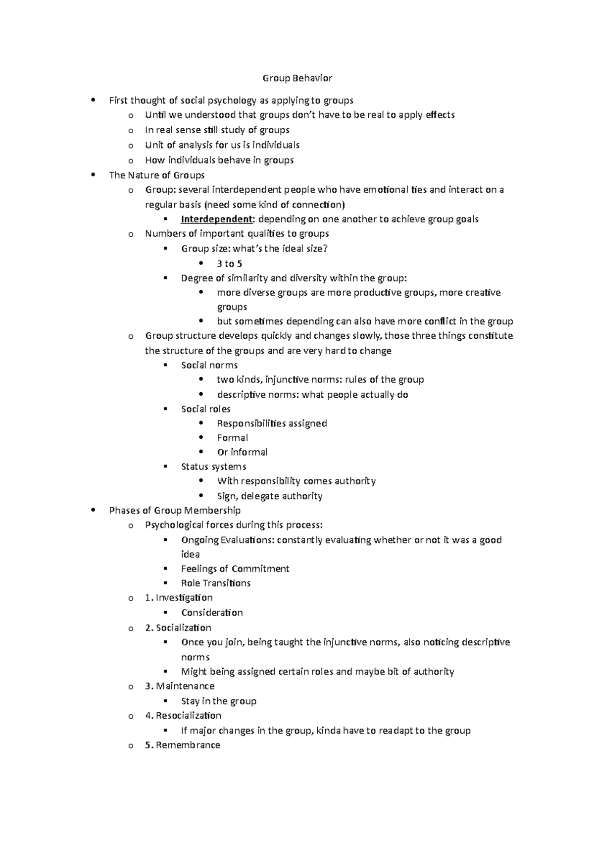 Notes 10 - Group Behavior - Group Behavior First Thought Of Social ...