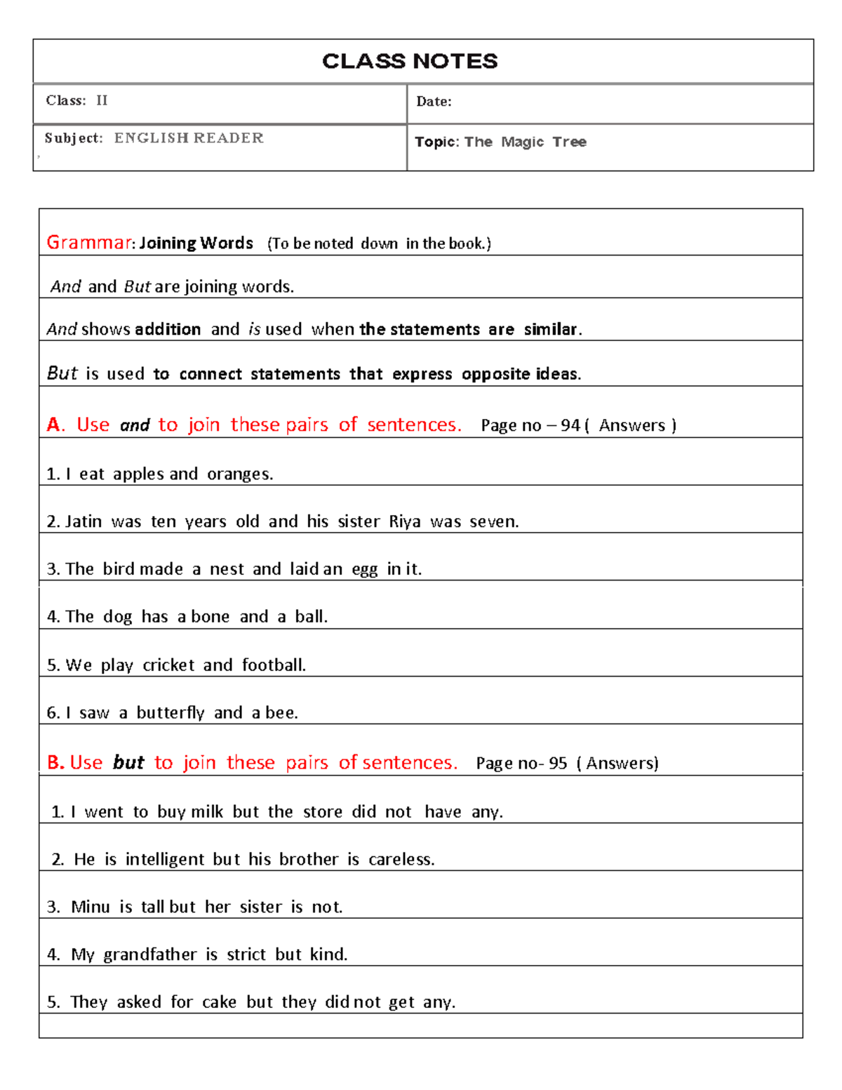 2- English - CLASS NOTES Class: II Date: Subject: ENGLISH READER ...