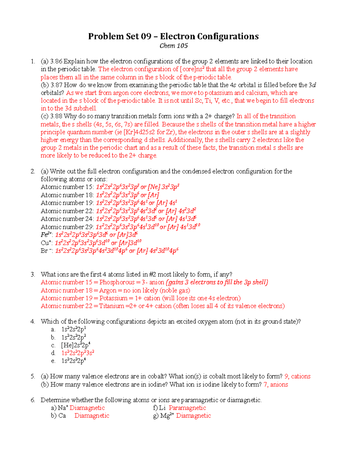 Electron Configurations Worksheet Answer Key