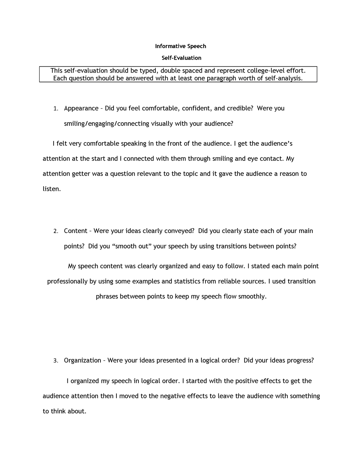 self evaluation paper for speech class