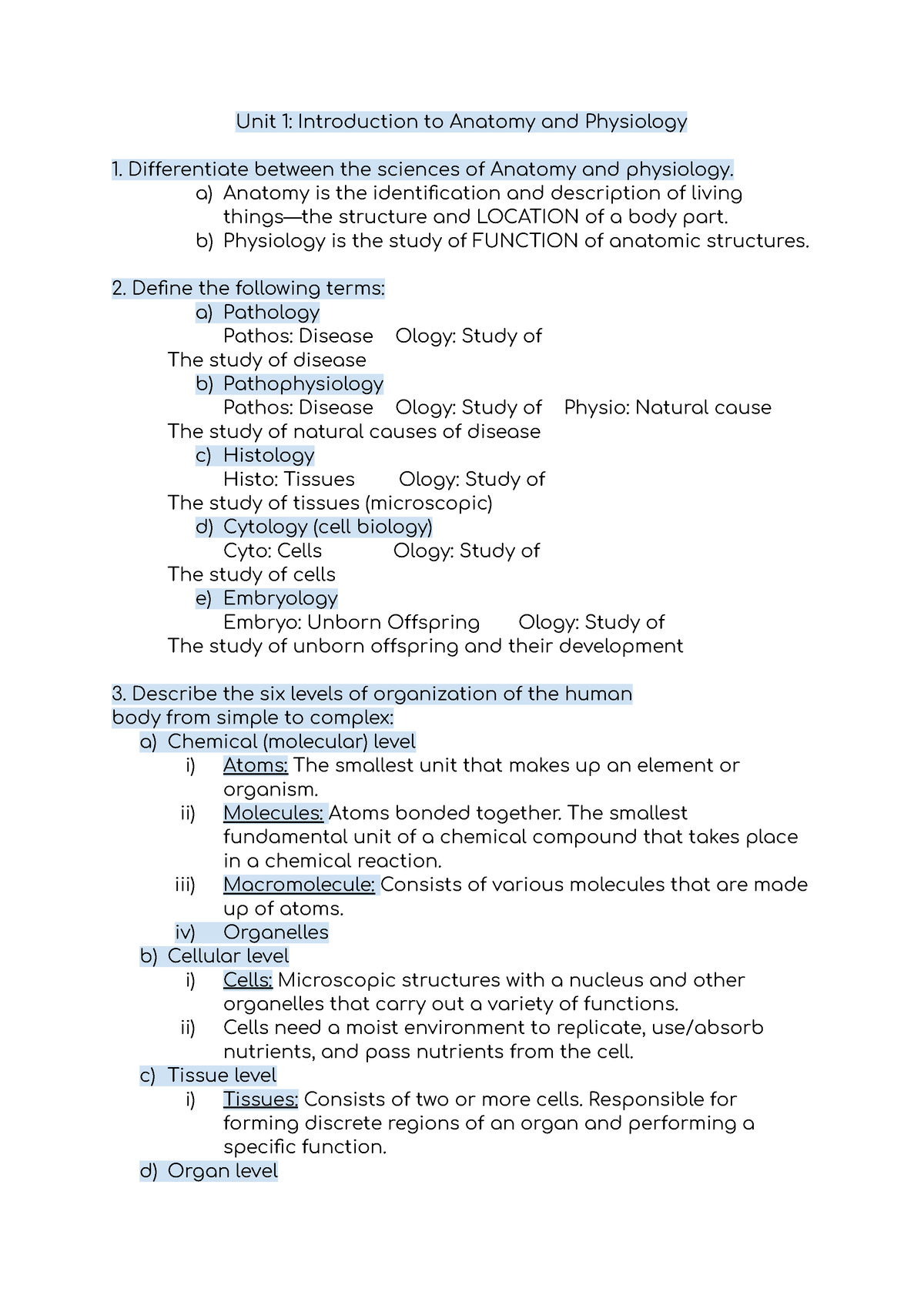 ANAT 1052 Test 1 Review - Unit 1: Introduction to Anatomy and ...