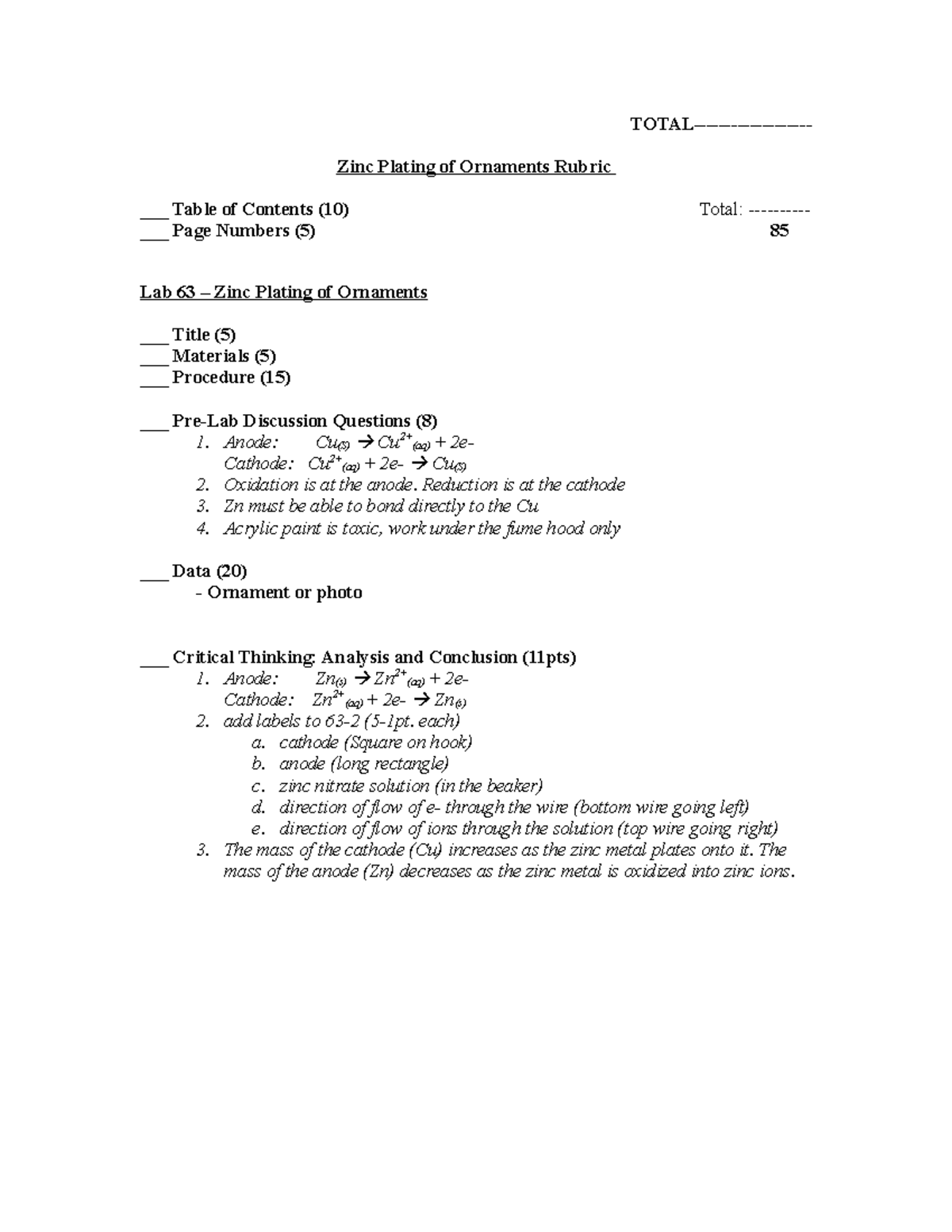 Lab Rubrics Zinc plating of ornaments TOTAL Zinc Plating of