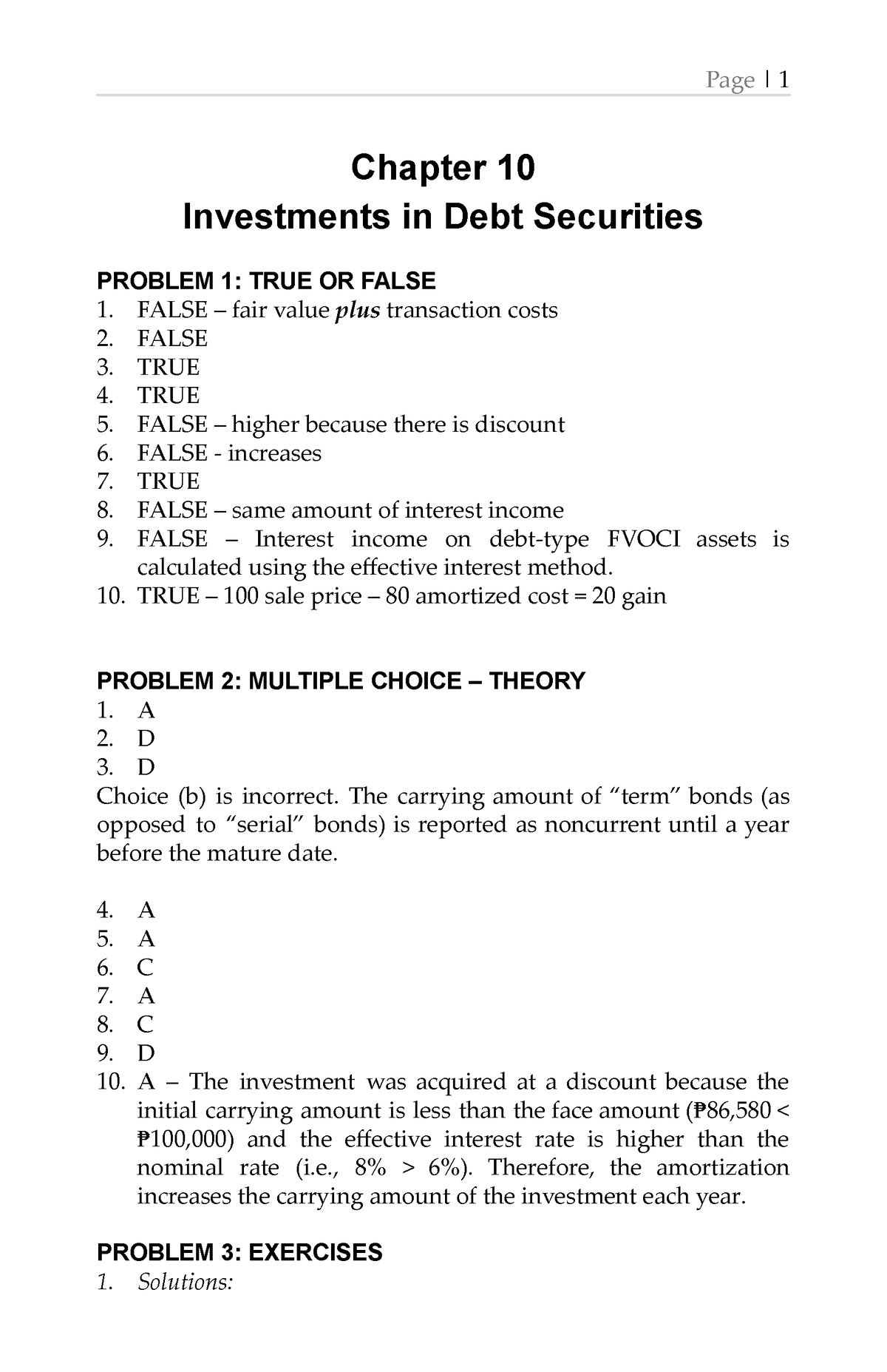 SOL. MAN. Chapter 1 0 Investments IN DEBT Securities IA PART 1 A 2020 ...