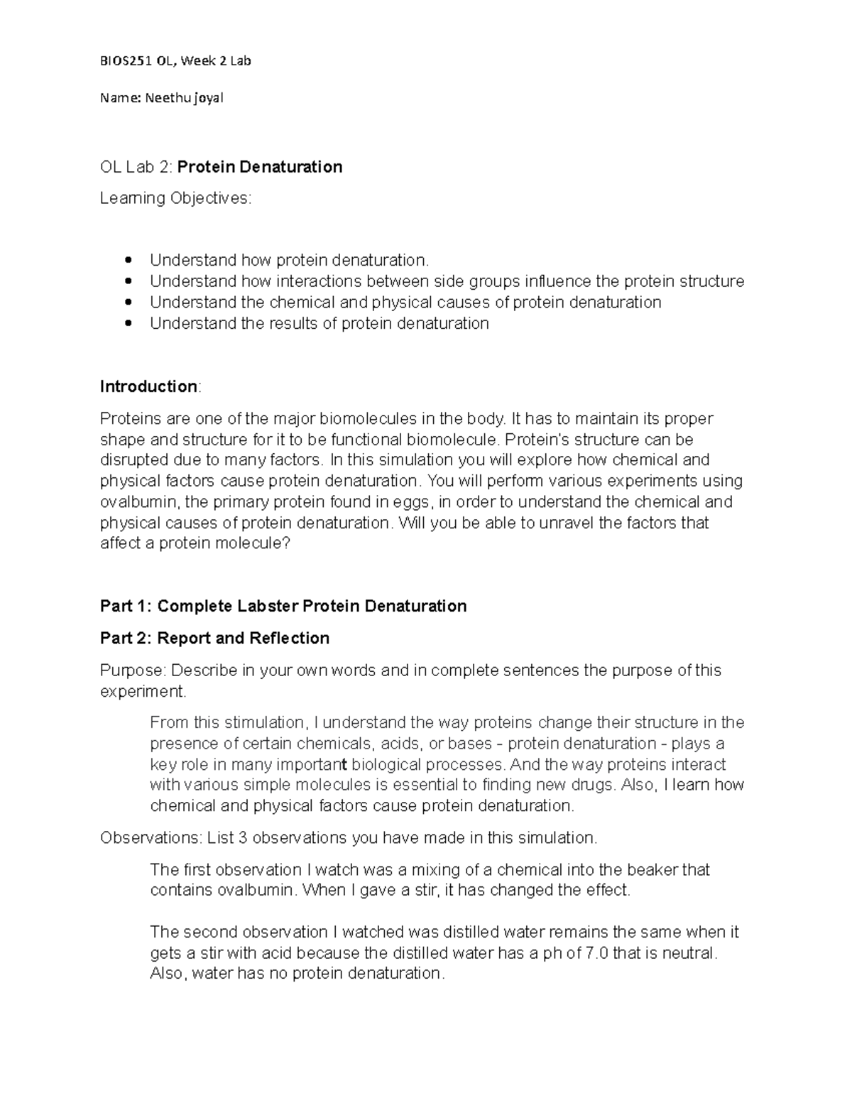 Protein denaturation week2 Name Neethu joyal OL Lab 2 Protein