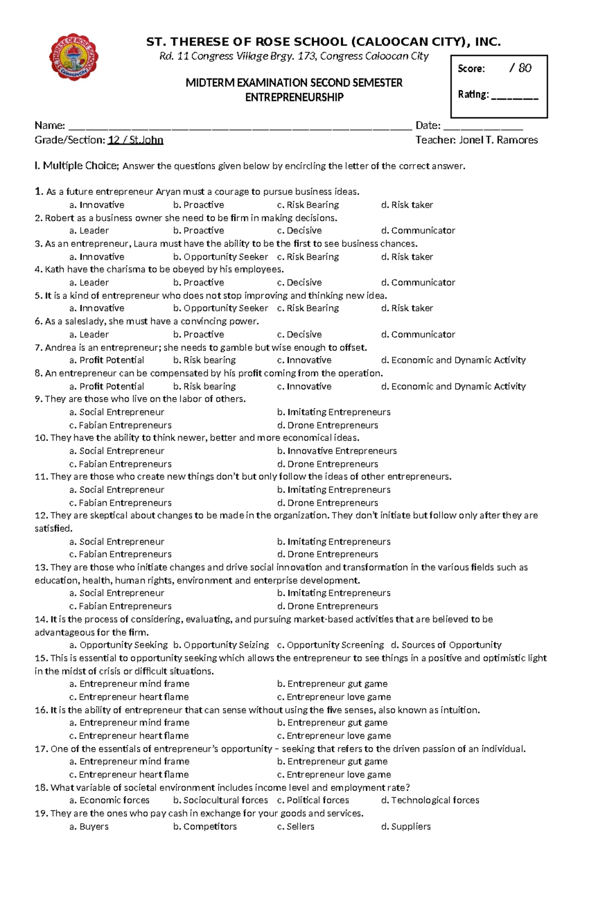 Entrepreneurship Exam ST. THERESE OF ROSE SCHOOL (CALOOCAN CITY), INC