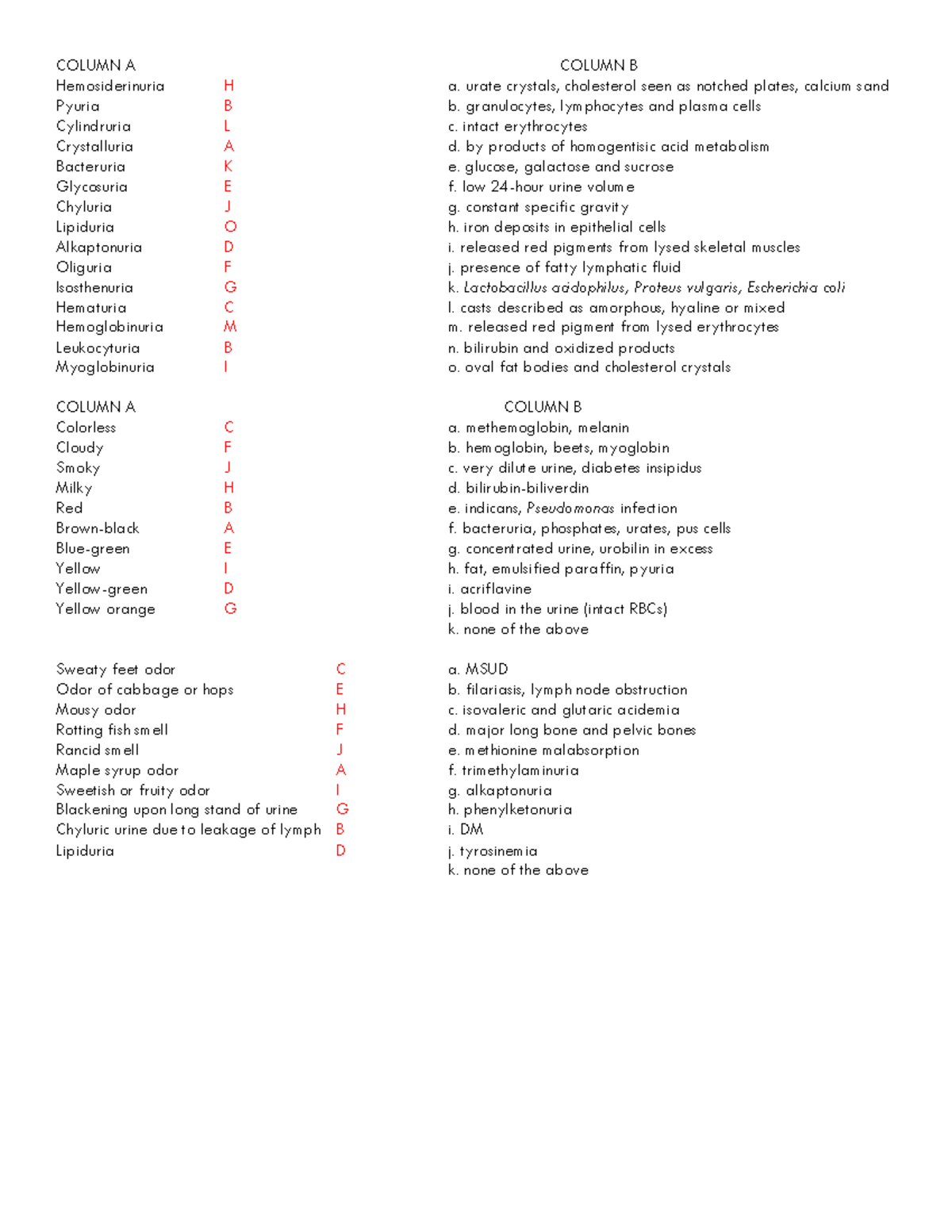 Aubf matching type URINALYSIS - COLUMN A COLUMN B Hemosiderinuria H a ...