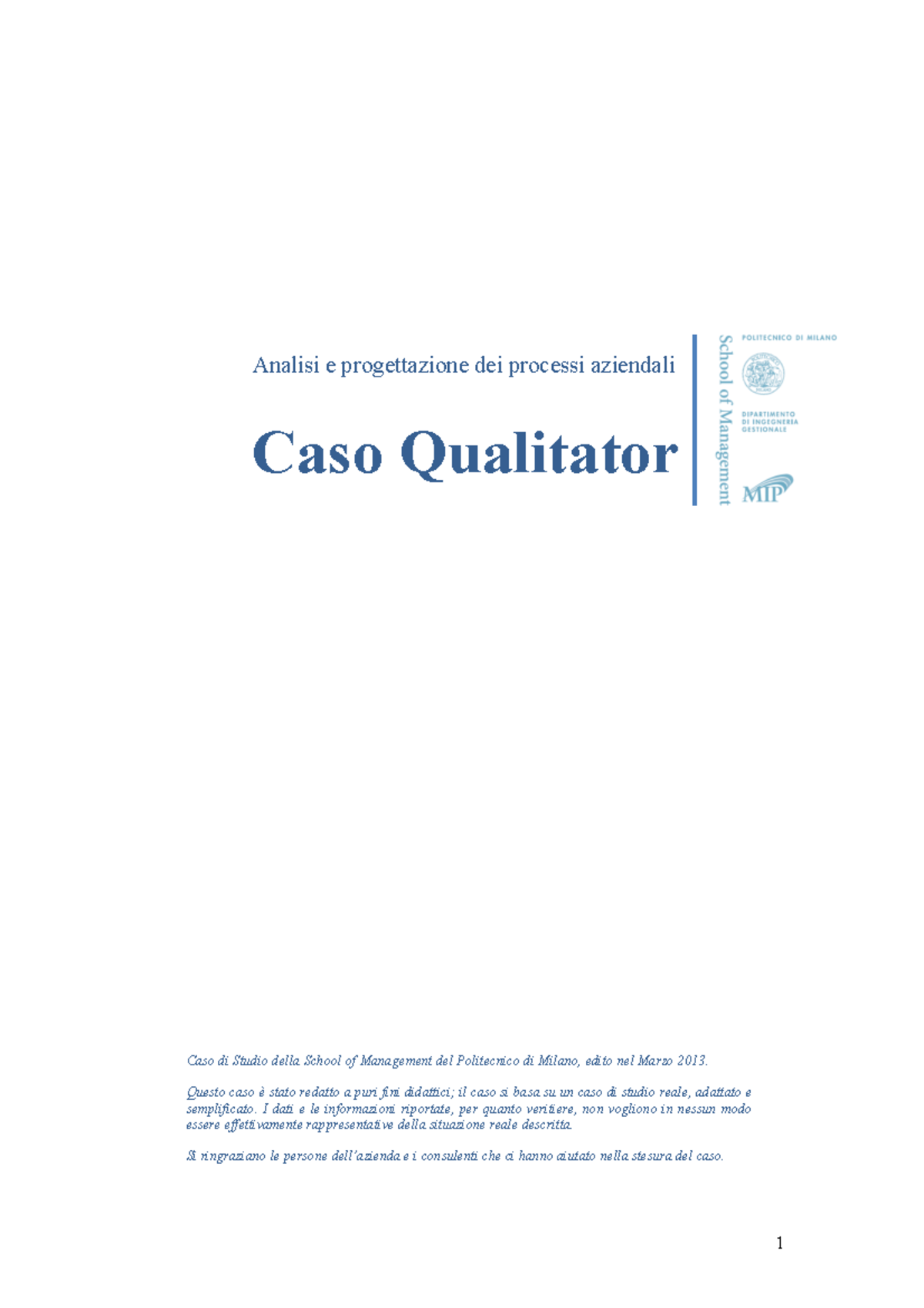 Caso Qualitator Analisi Dei Processi Aziendali Industrial Studocu