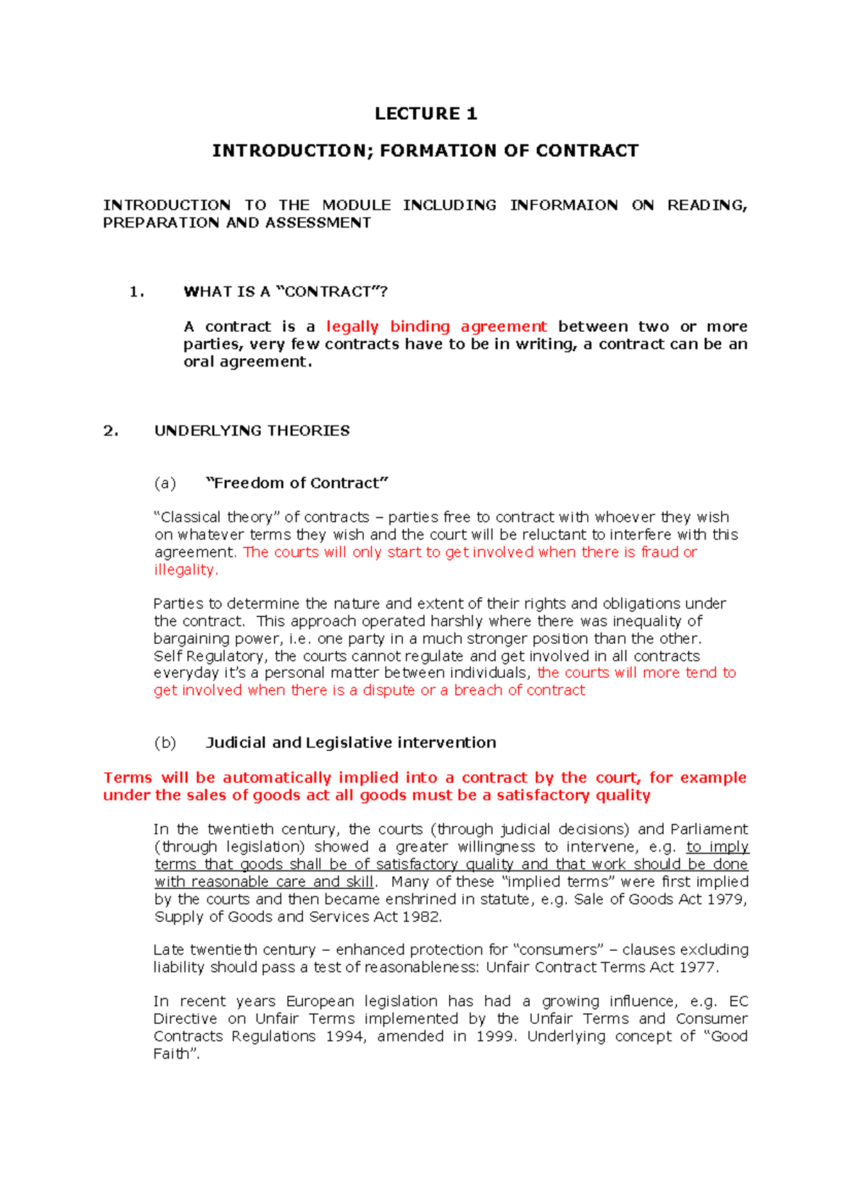 Lecture 1 Introduction To Contract Law Lecture 1 Formation Of Contract Introduction To The Lecture 1 Introduction To Contract Law Lecture 1 Formation Of Contract Introduction To The