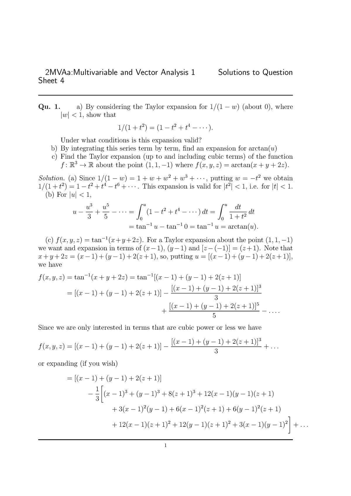 Problem Sheet 4 Solutions 2mvaa Multivariable And Vector Analysis 1 Solutions To Question Sheet 4 Studocu