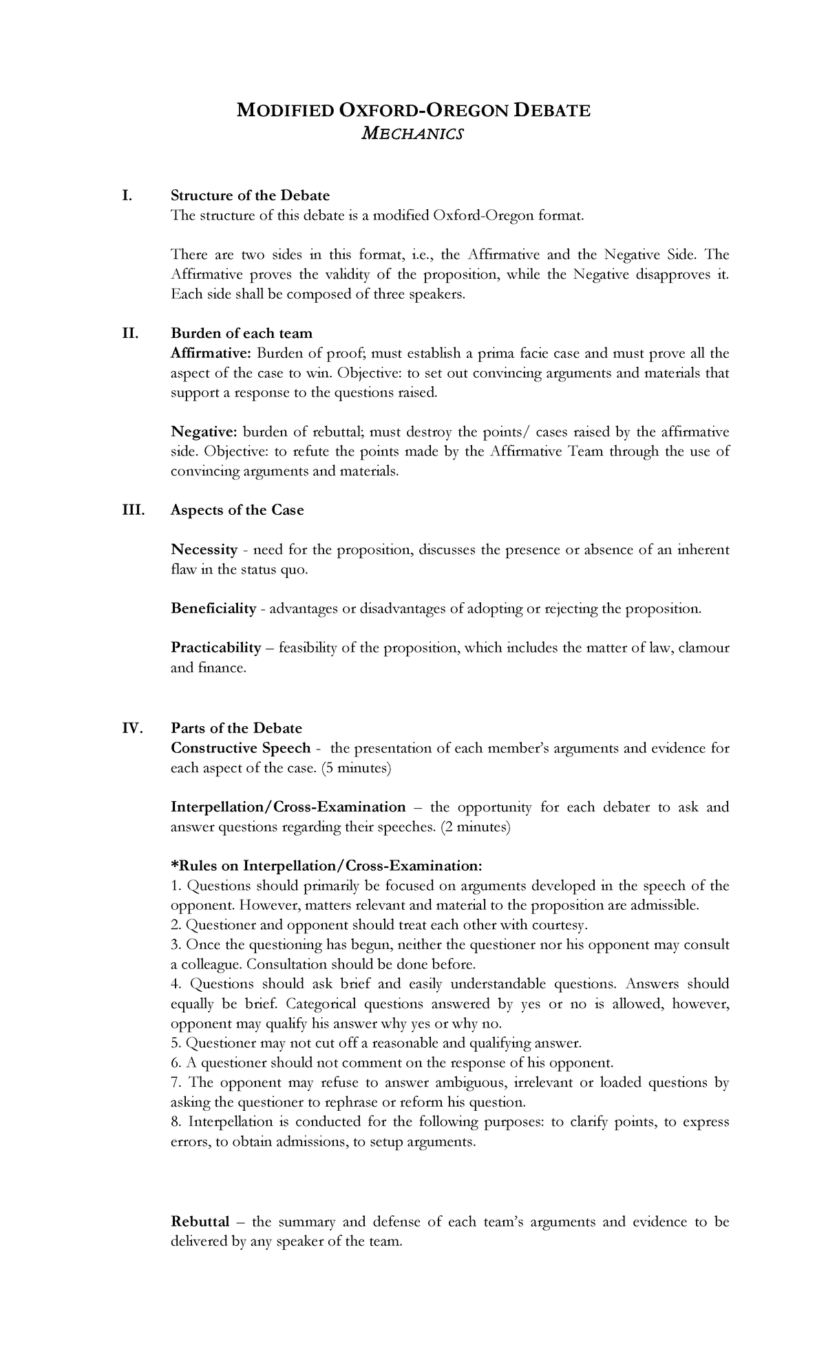 Debate Mechanics Modified Oxford Oregon - Juris Doctor - MSU Main - Studocu