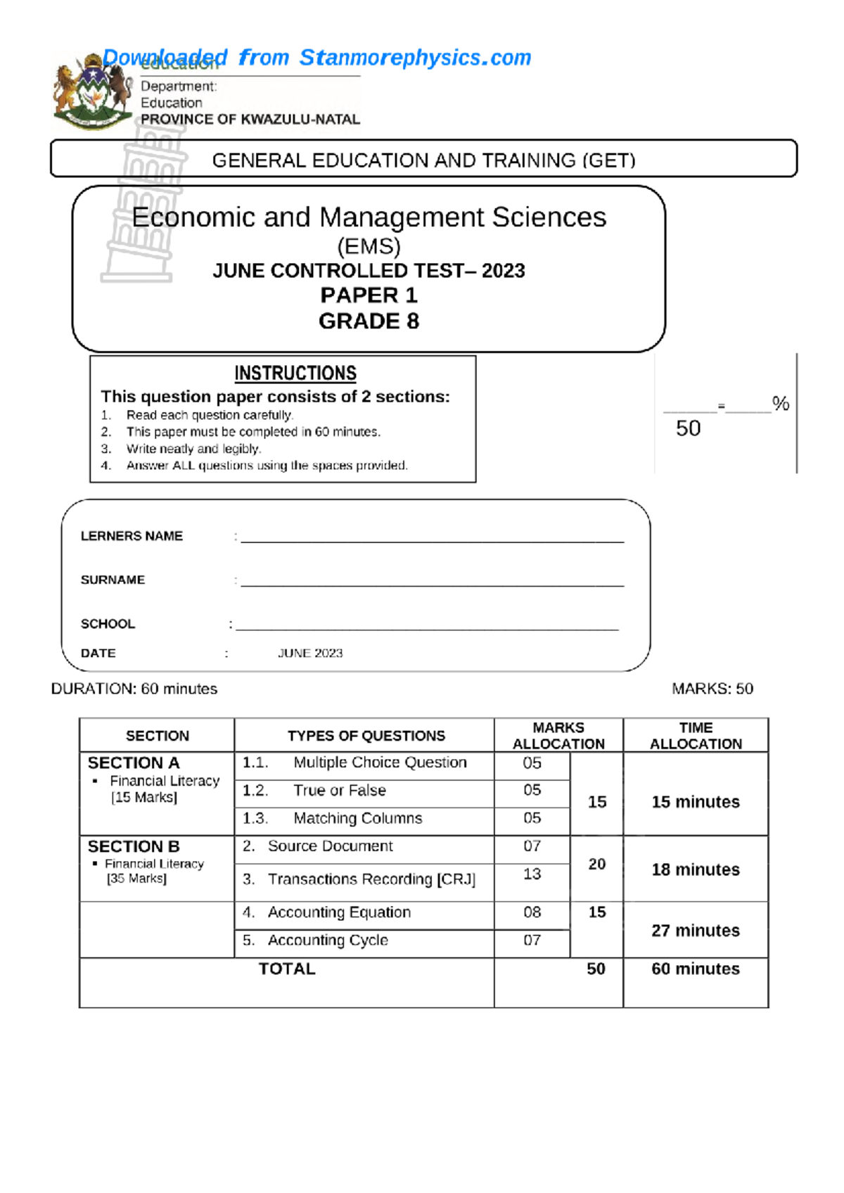 KZN EMS Grade 8 June 2023 P1 and Memo - Downloaded education from ...