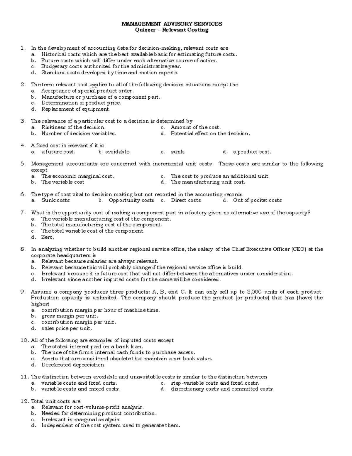 Lecture 5 - Relevant Costing Quizzer - MANAGEMENT ADVISORY SERVICES ...