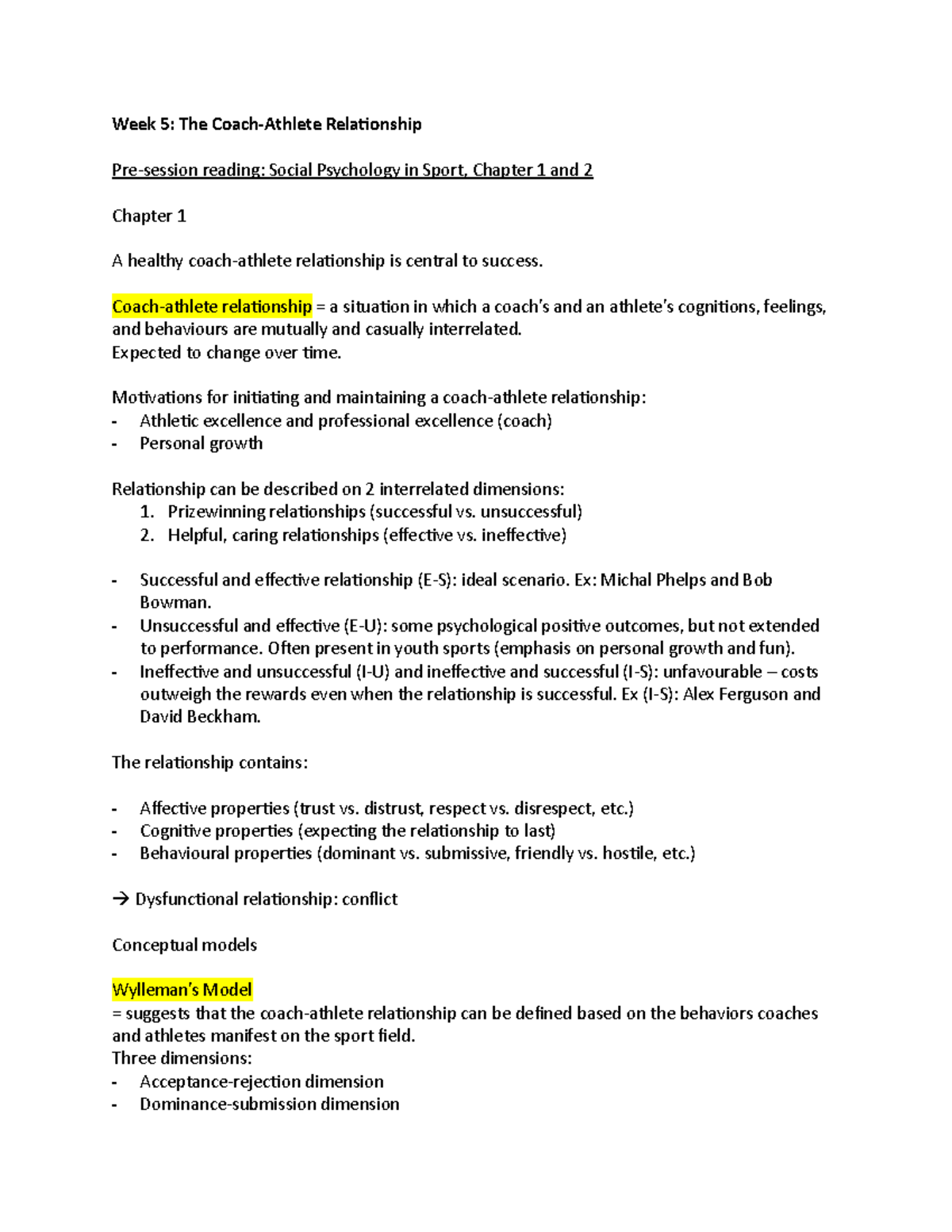 Psychology 4 - Lecture Notes 4 - Week 5: The Coach-Athlete Relationship ...