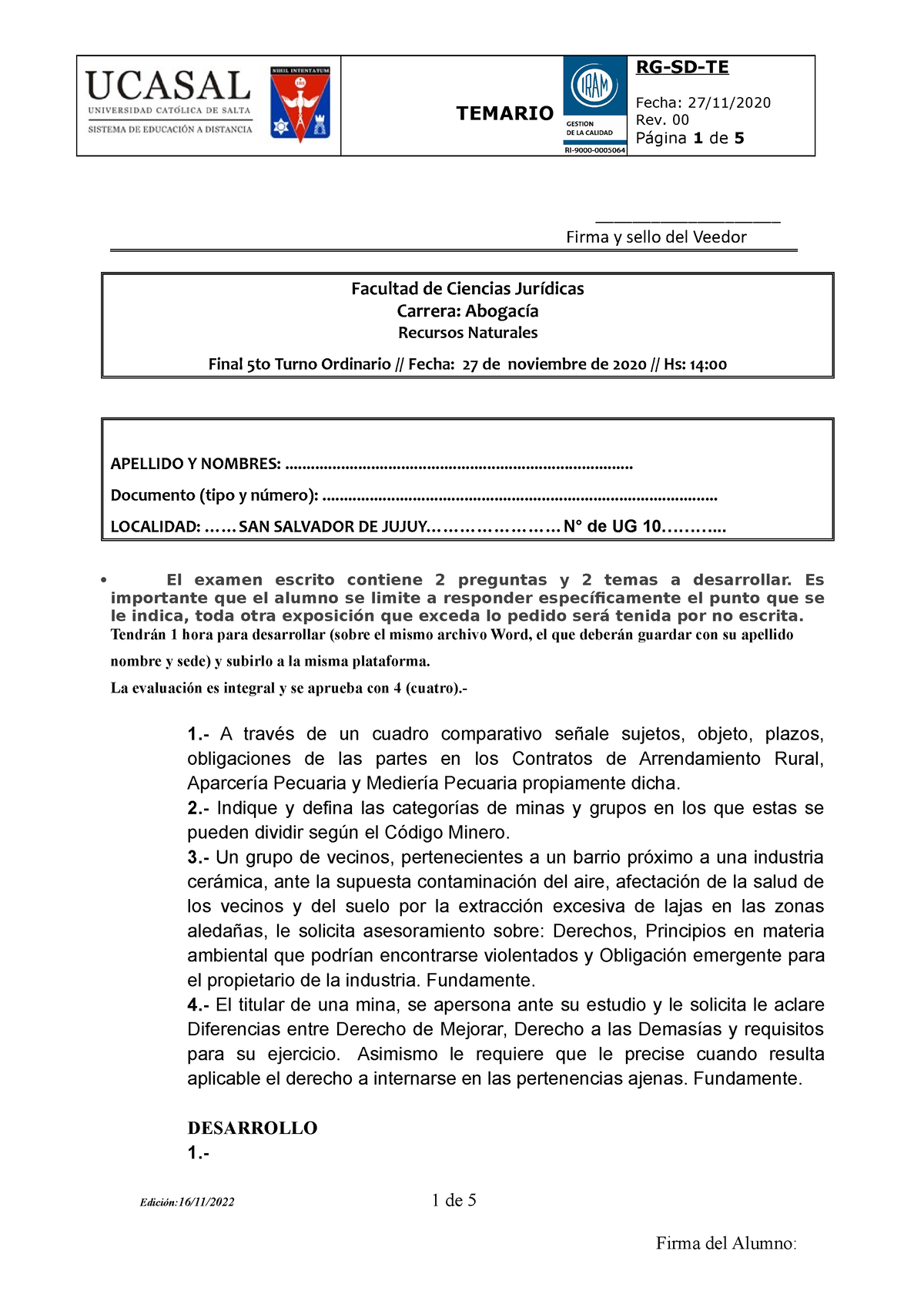 Ucasal-Rec. Nat.- Ex Final - TEMARIO Fecha: 27/11/ Rev. 00 Página 1 De ...