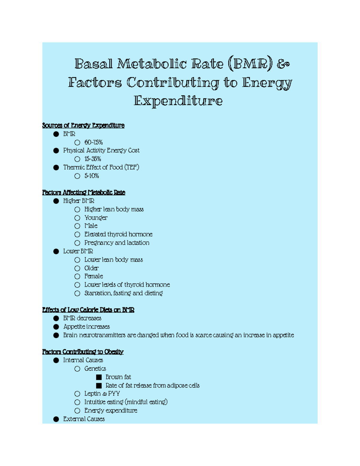 Bmr Factors Contributing To Energy Expenditure Basal Metabolic Rate Bmr Amp Factors Studocu