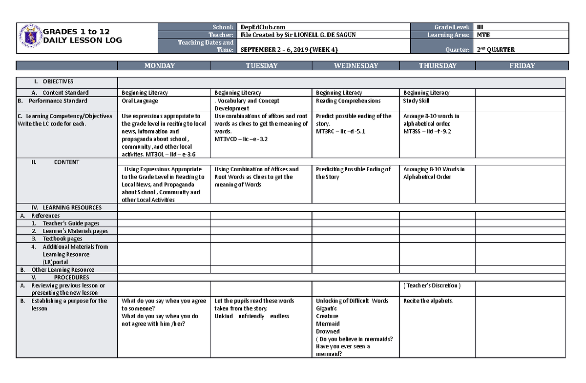 DLL MTB-3 Q2 W4 - STUDY - GRADES 1 to 12 DAILY LESSON LOG School ...