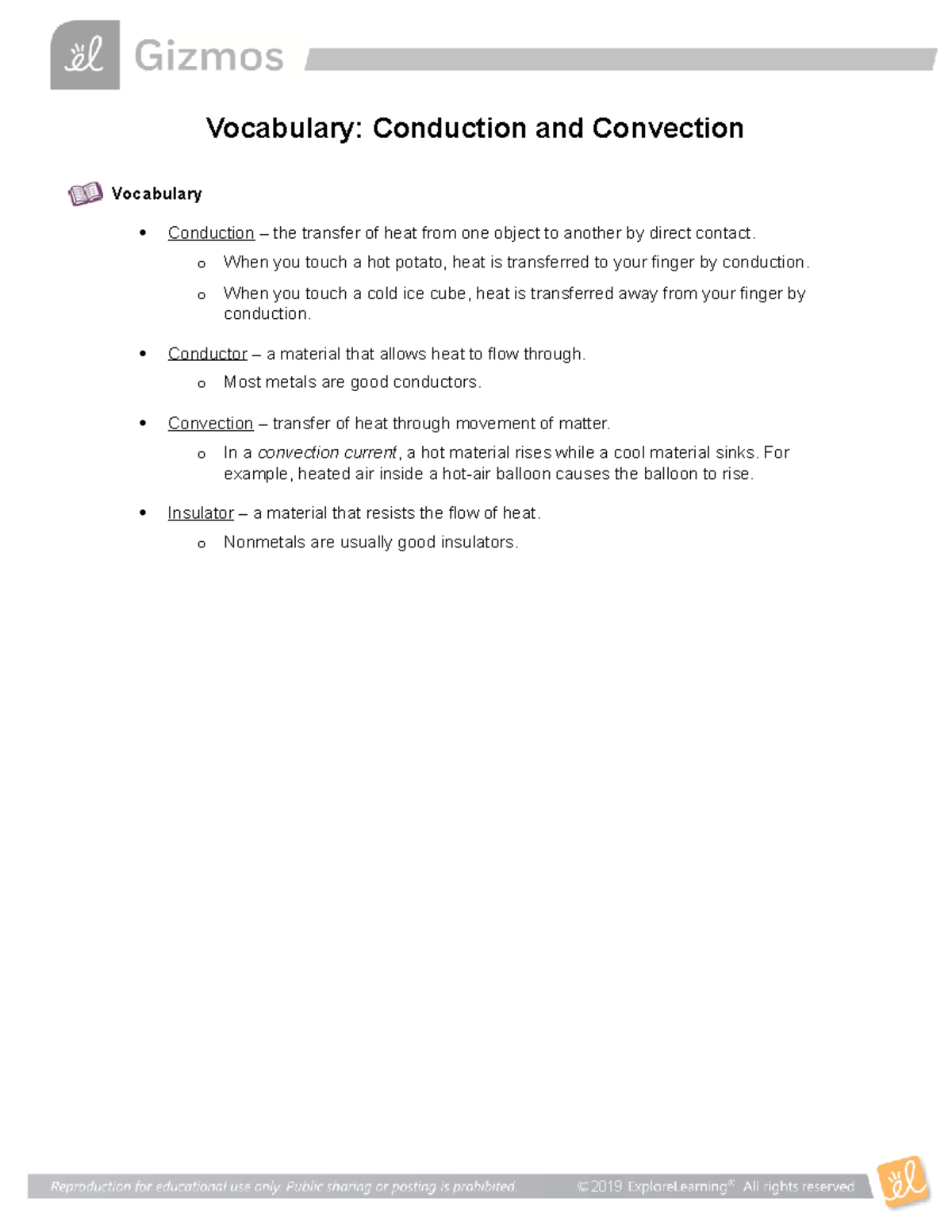 Conduction Convection Vocab 2019 Vocabulary Conduction and