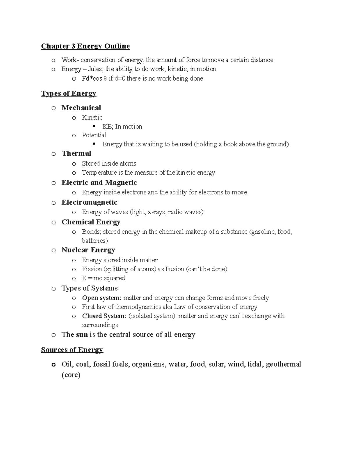 Types and Sources of Energy Chapter 3 Energy Outline o Work