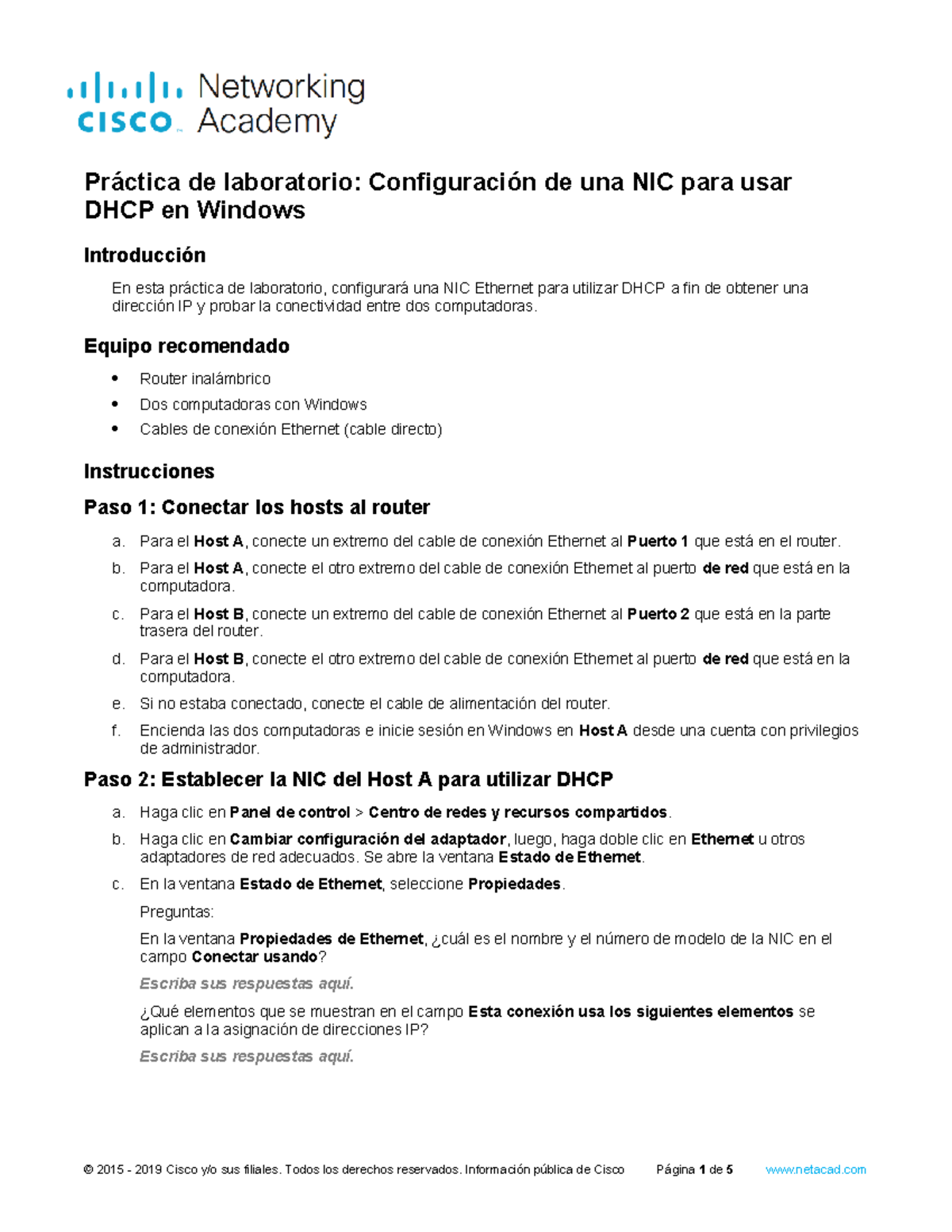 6.1.2.7 Lab - Configure a NIC to Use DHCP in Windows - Práctica de ...