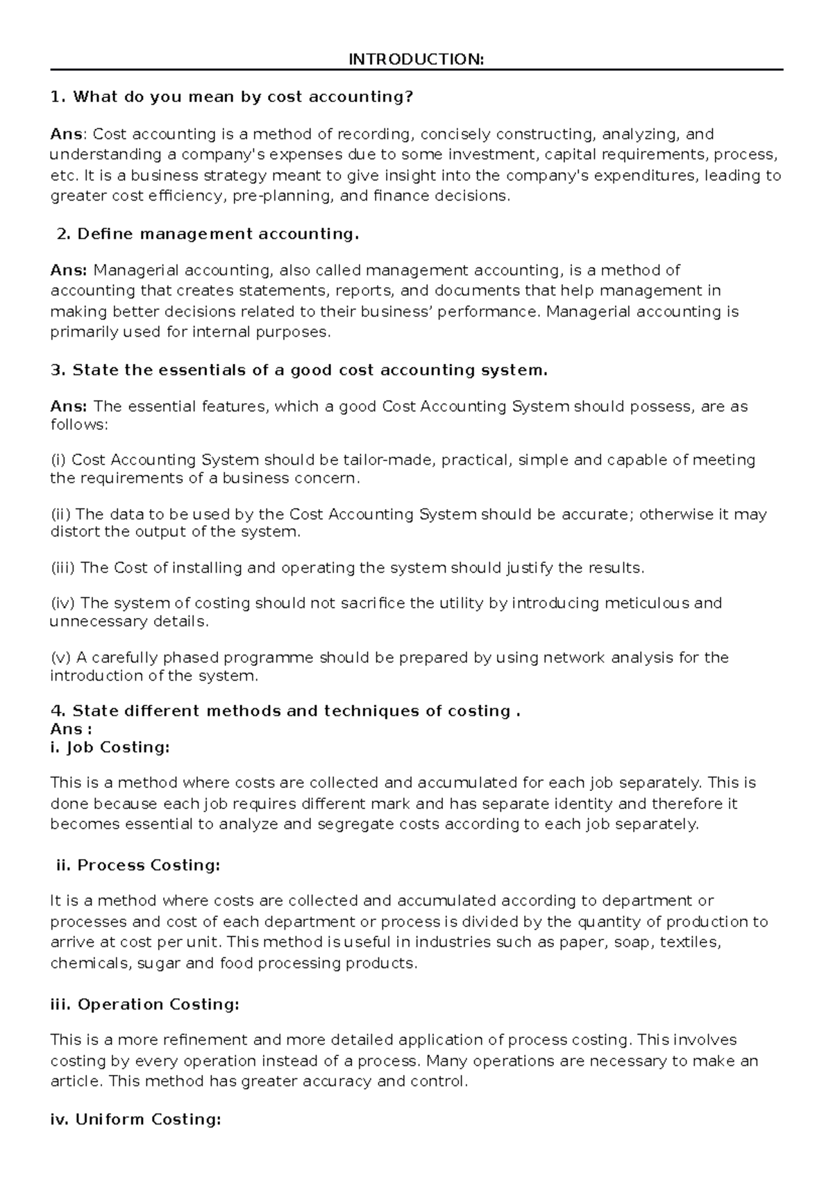 Costing notes INTRODUCTION What do you mean by cost accounting? Ans