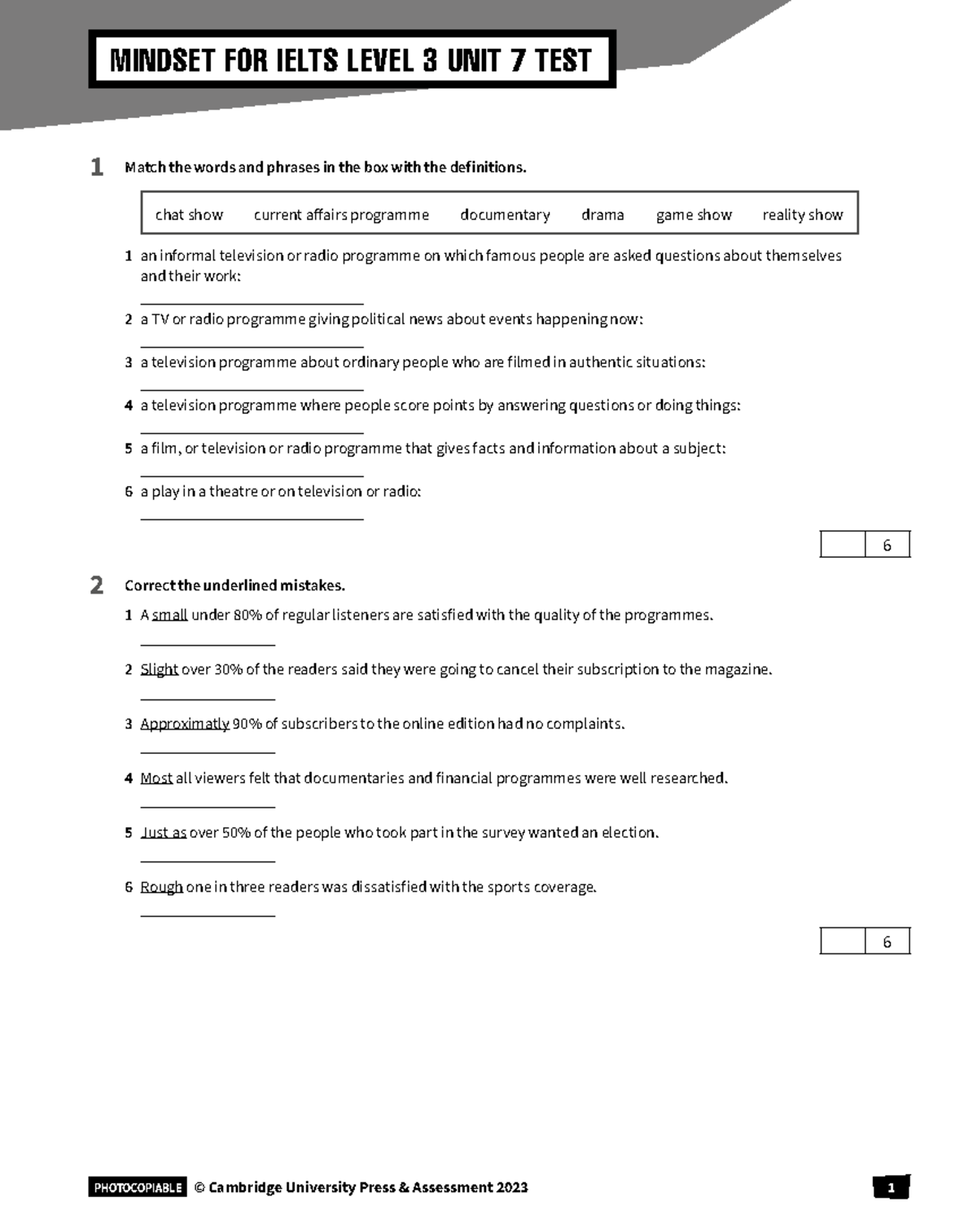 Mindset R L3 Unit Tests U07 Student - 1 Match the words and phrases in ...