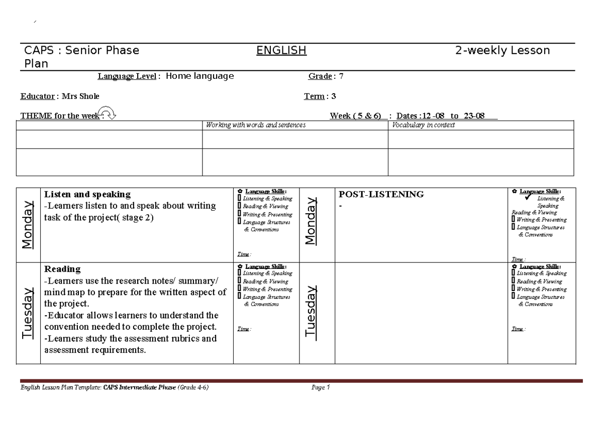 HL Lesson PLAN t-3 WK 5&6 - CAPS : Senior Phase ENGLISH 2-weekly Lesson ...