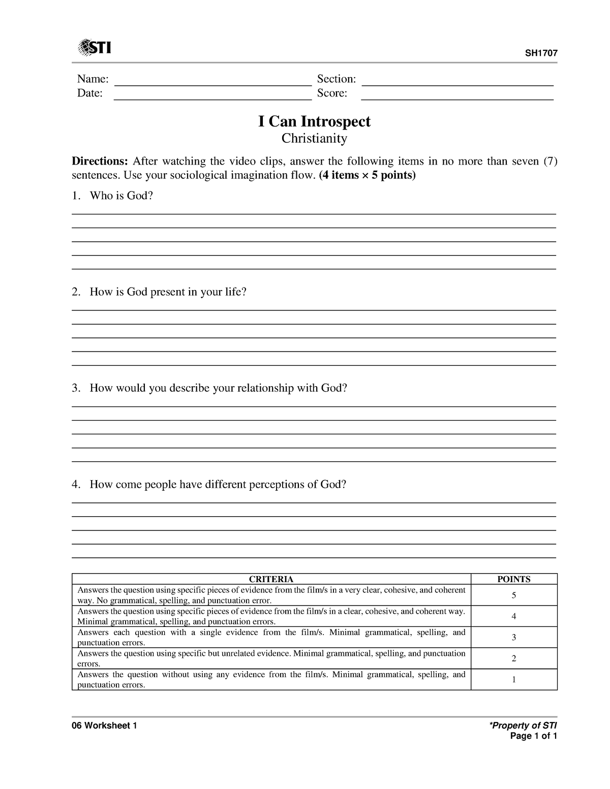 SH1707 - Intro to World Religion 06 Worksheet 1 - SH 06 Worksheet 1 ...