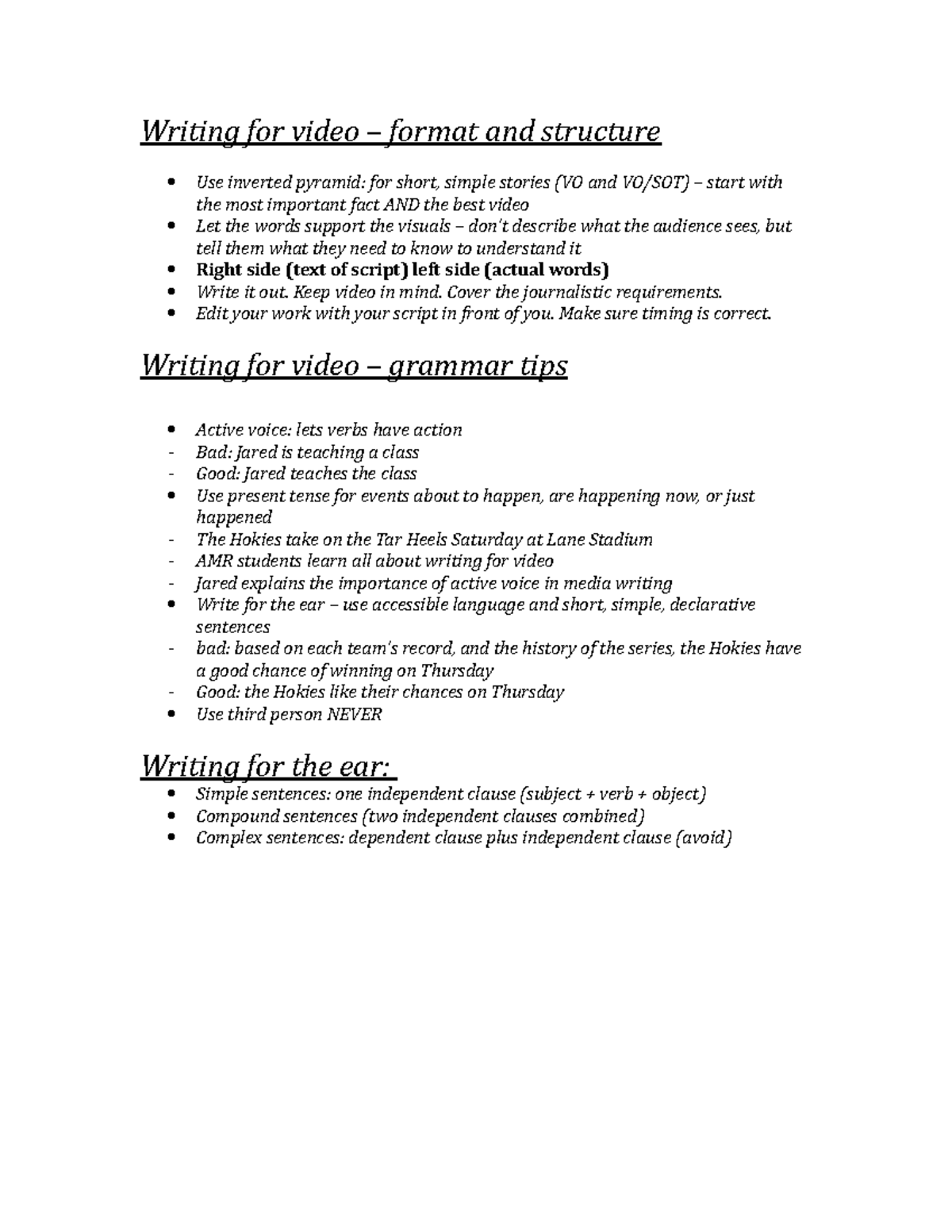 Writing for video – format and structure - Writing for video – format ...