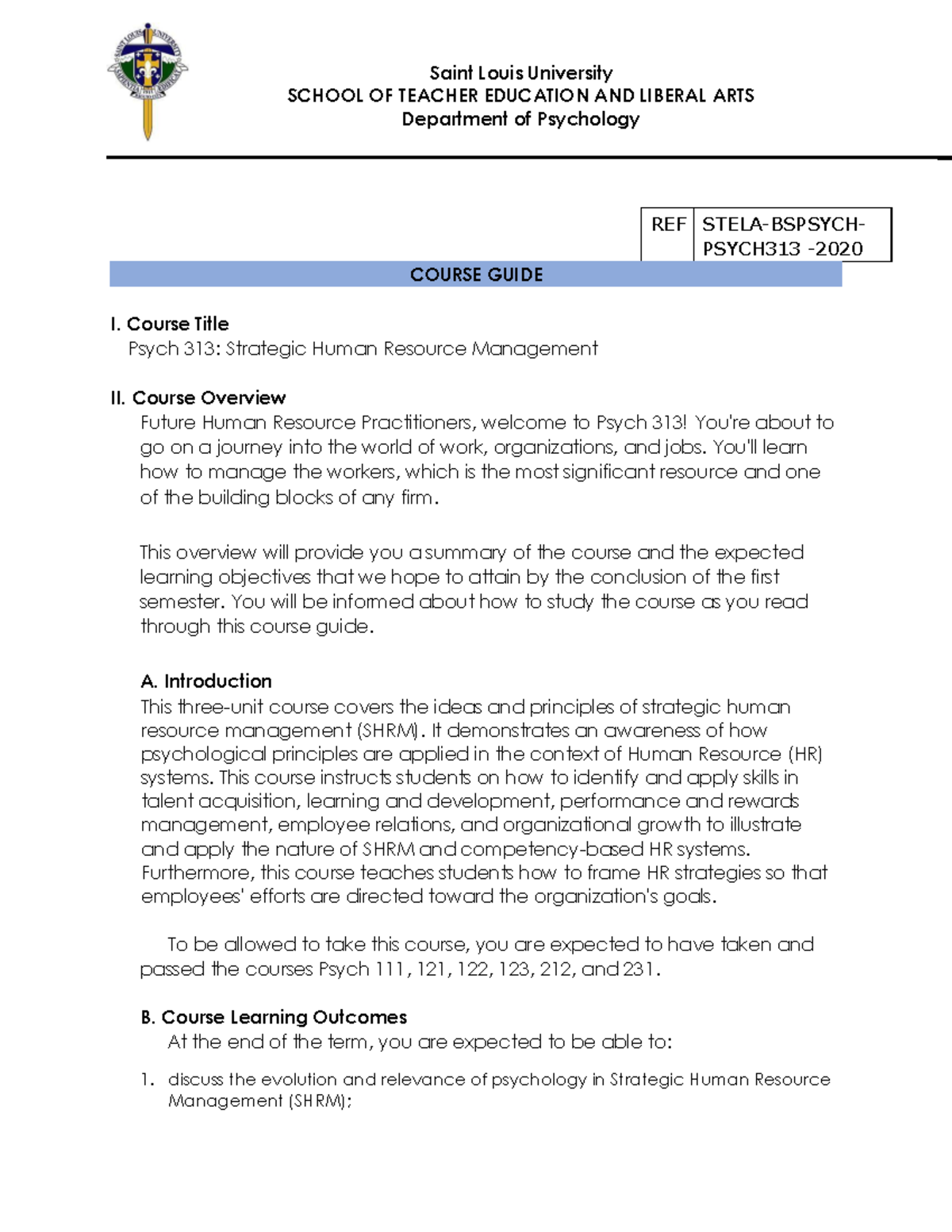 Psych 313 SHRM Course Guide - SCHOOL OF TEACHER EDUCATION AND LIBERAL ...