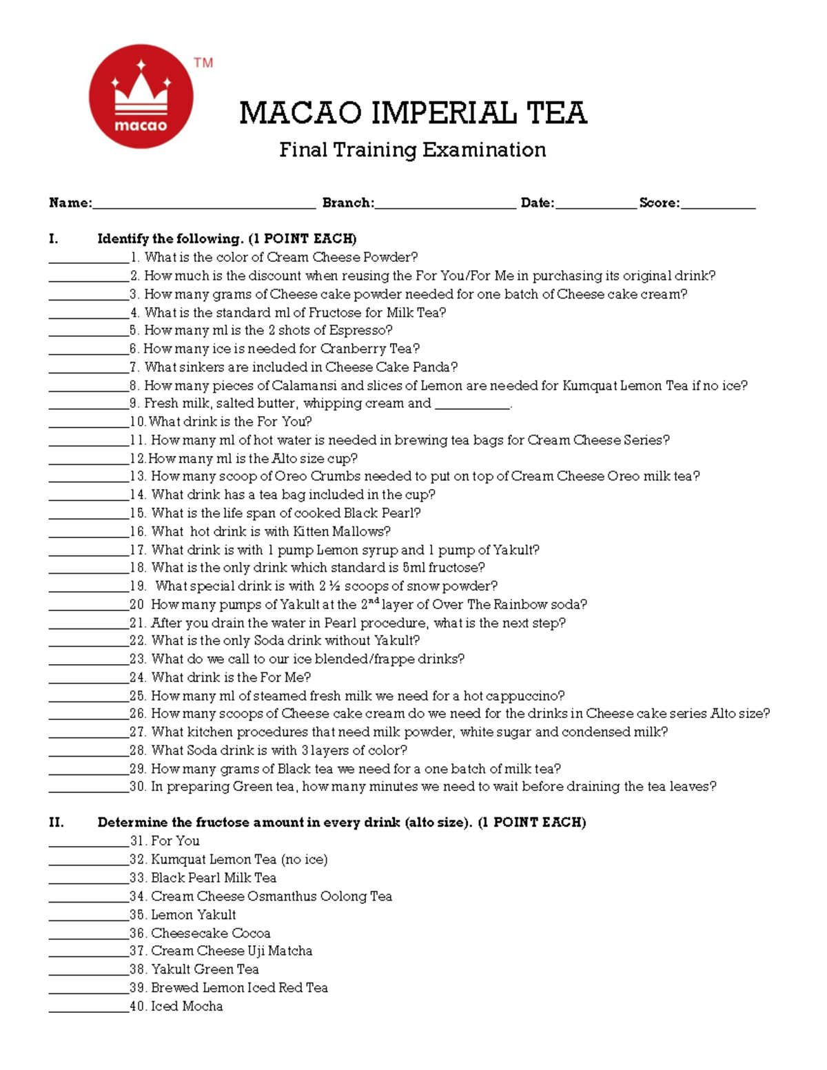 Final EXAM 2020 - MACAO IMPERIAL TEA Final Training Examination - Studocu