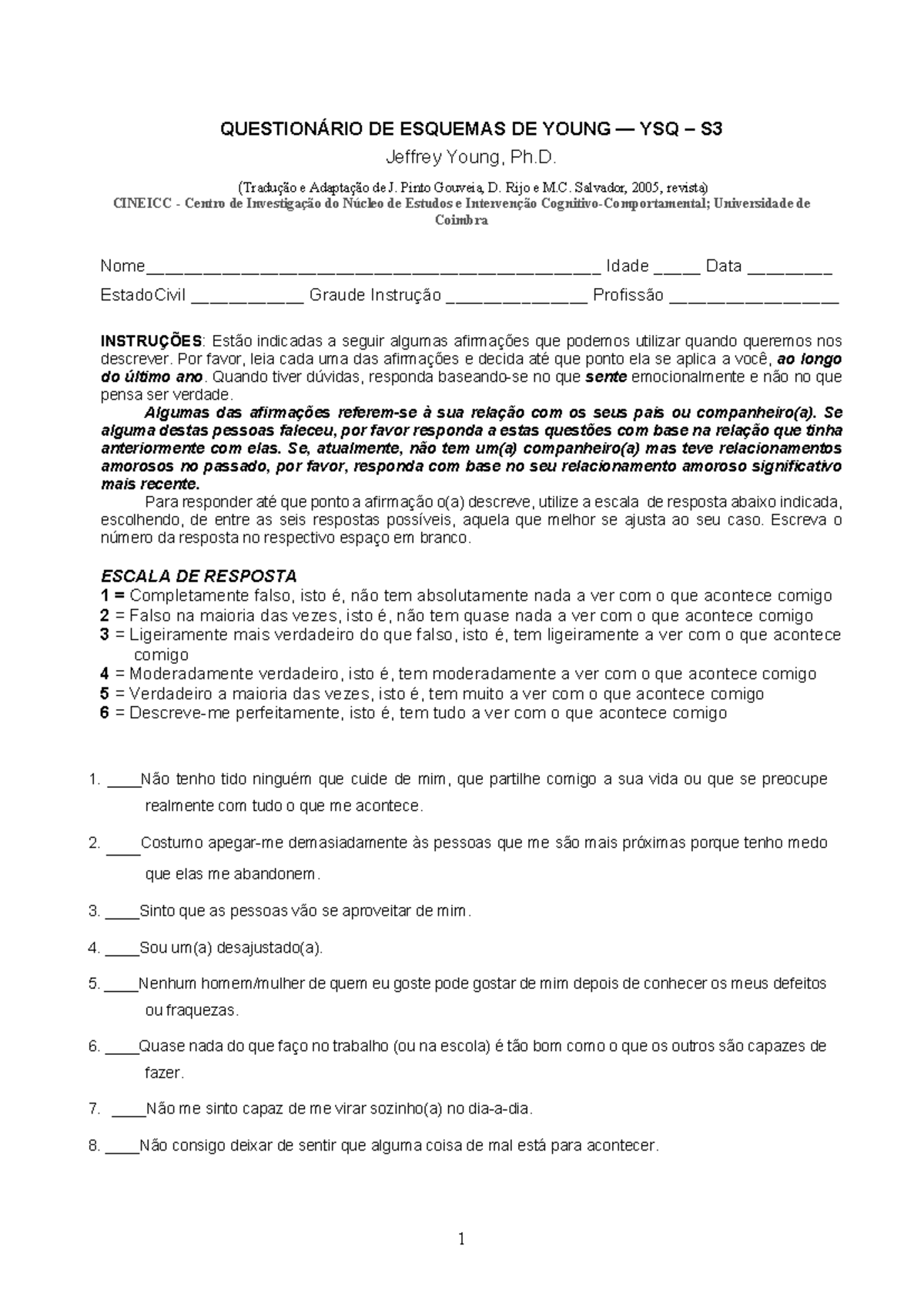 Questionário De Esquemas De Young Correção - RETOEDU
