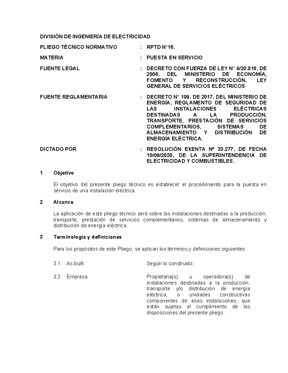 Pliego Técnico Normativo RPTD N°16 Puesta en servicio - DIVISIÓN DE ...