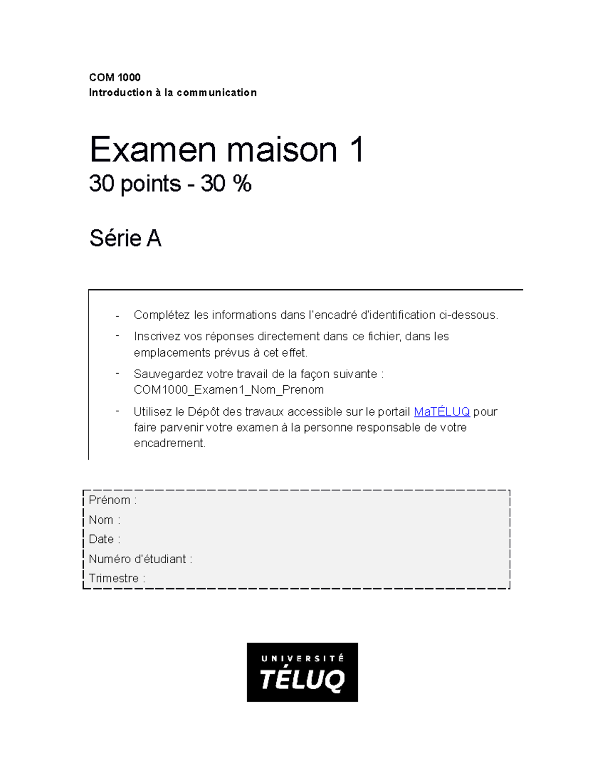 COM1000 Examen 1A - exam - COM 1000 Introduction à la communication ...