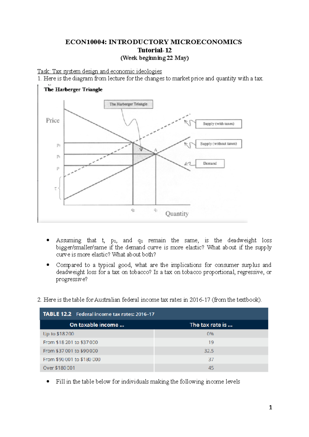 Week 12 In-Tutorial Questions - ECON10004: INTRODUCTORY MICROECONOMICS ...