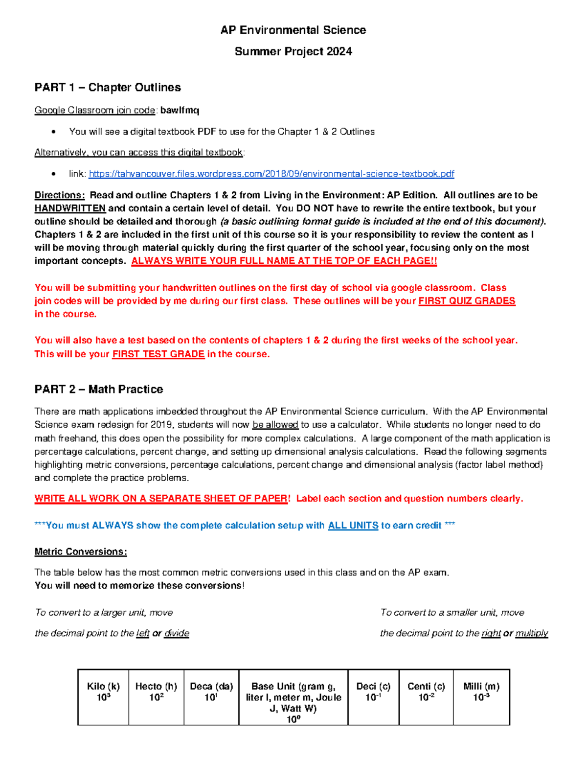 AP Environmental Science Summer Assignment 2024 - AP Environmental ...