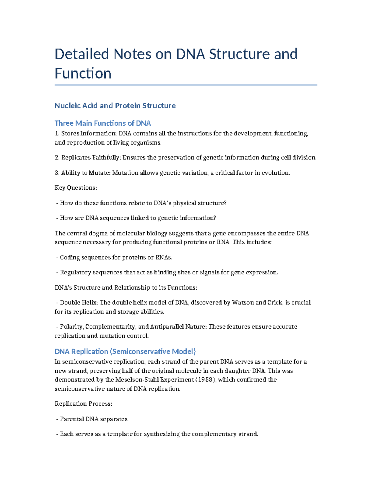 DNA Structure and Function Notes - Detailed Notes on DNA Structure and ...