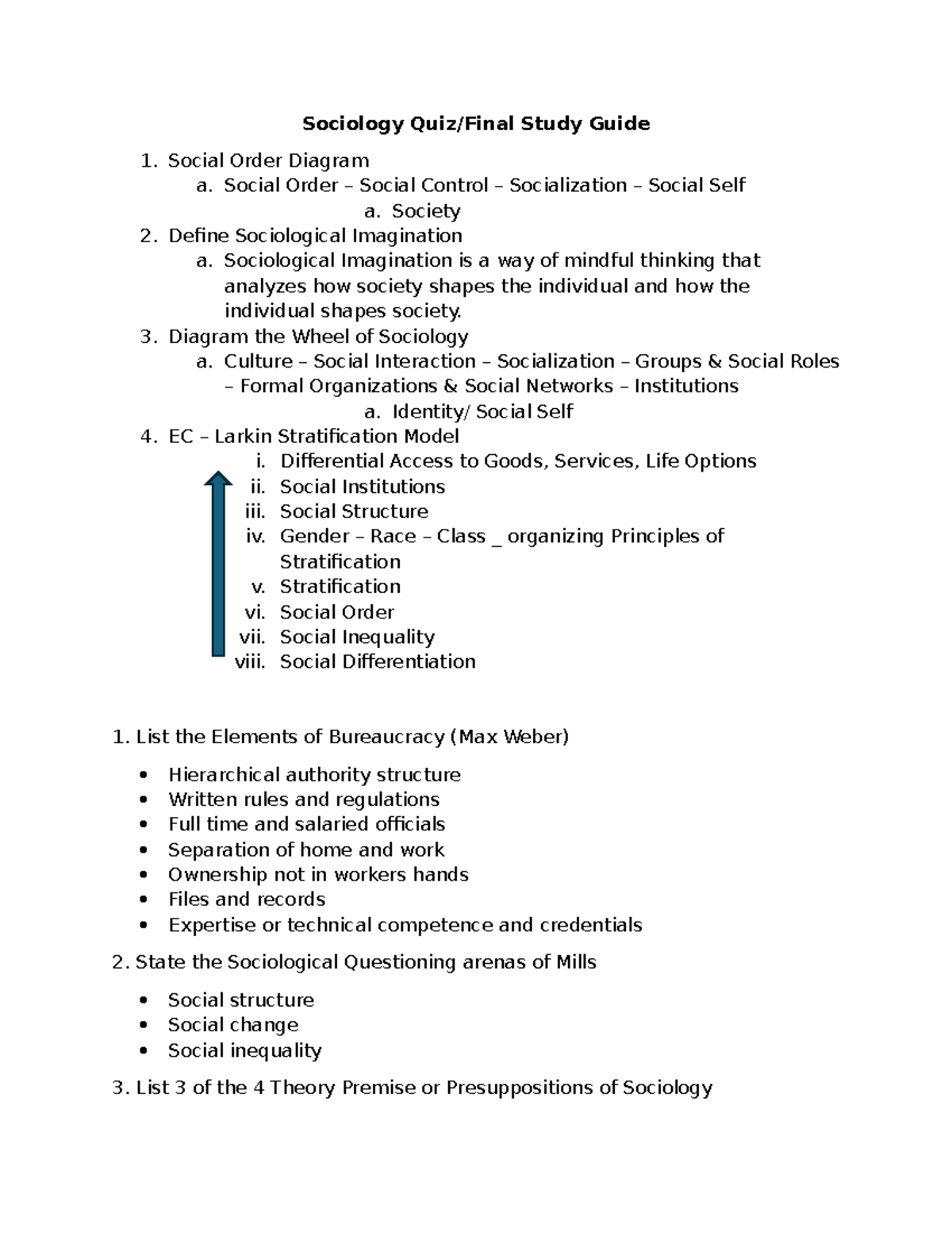 Sociology Study Guide - Sociology Quiz/Final Study Guide Social Order ...