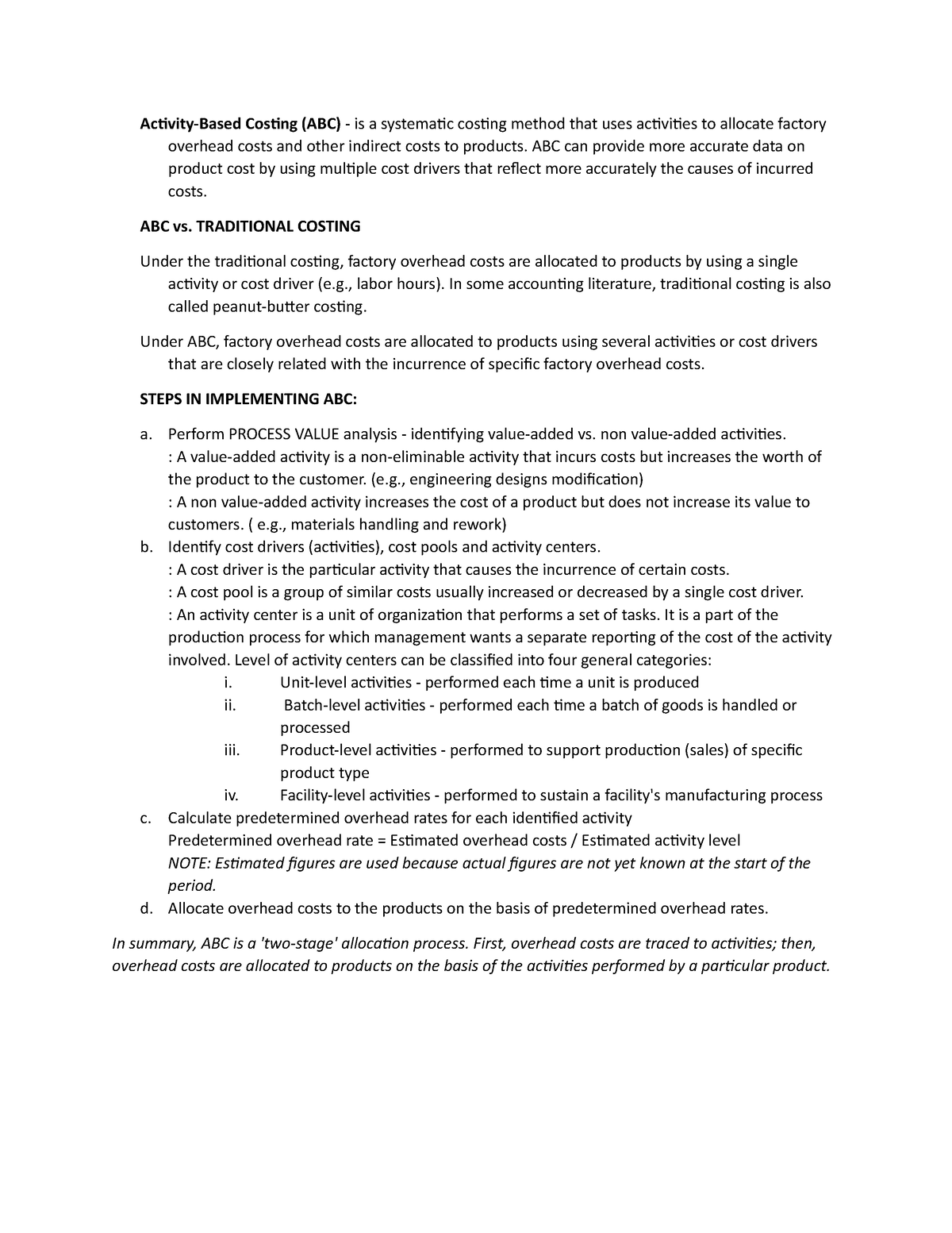 ABC - Reviewer Answer Key - Activity-Based Costing (ABC) - is a ...