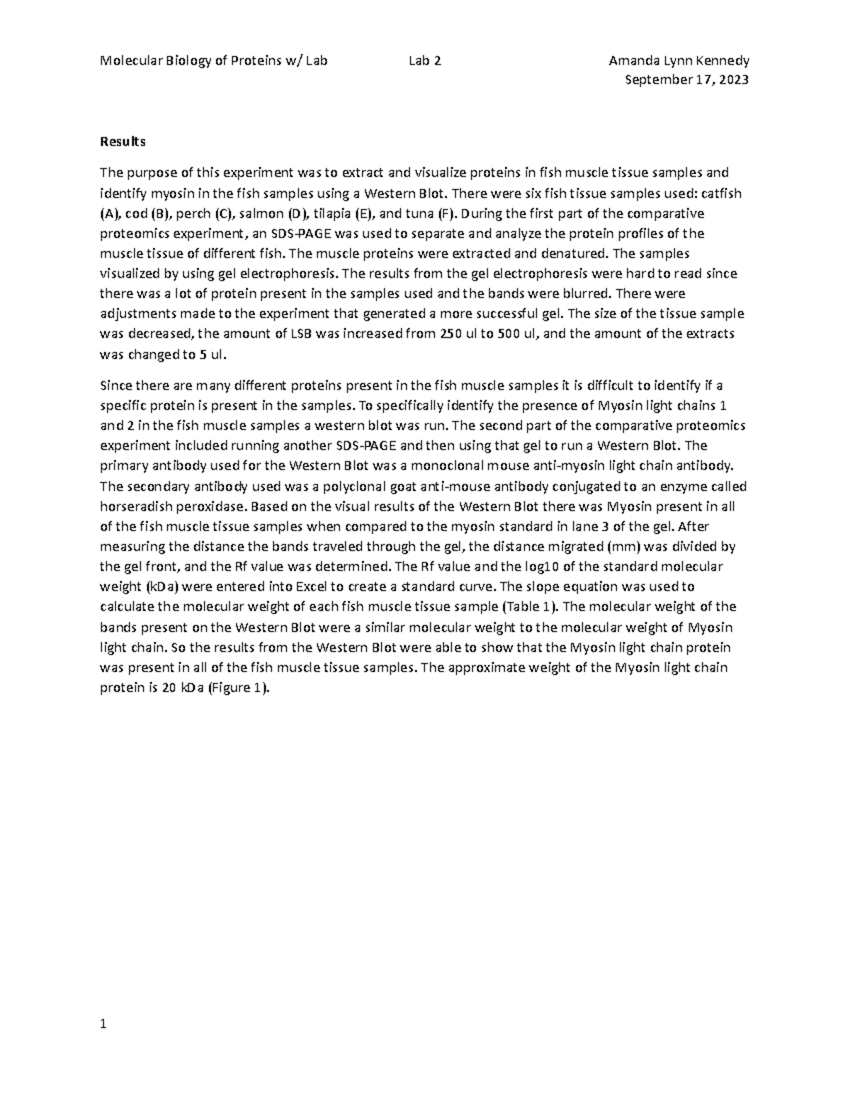 Lab 2 Results Section Molecular Biology of Proteins w/ Lab Lab 2