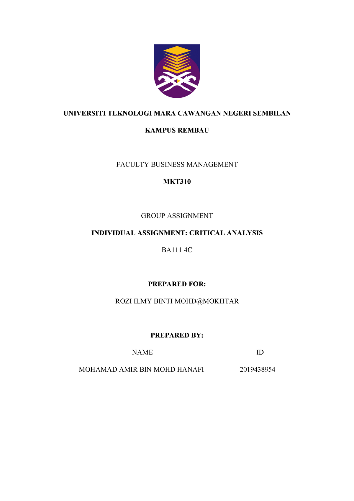 Individual Assignment Critical Analysis Report - UNIVERSITI TEKNOLOGI ...