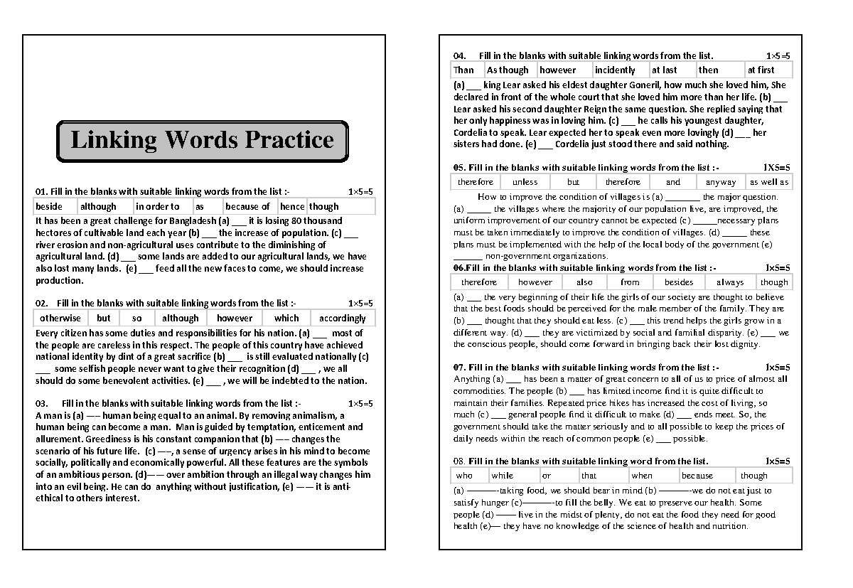 Linking Word Rules (Practise) Fill in the blanks with suitable