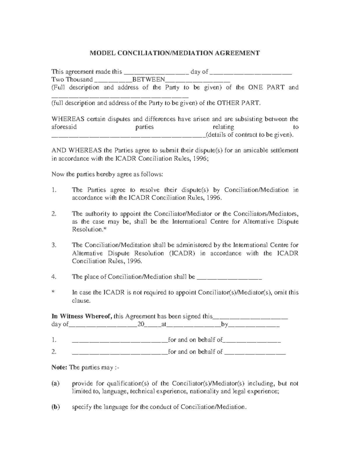 Modelconciliationmediationagreement - MODEL CONCILIATION/MEDIATION ...