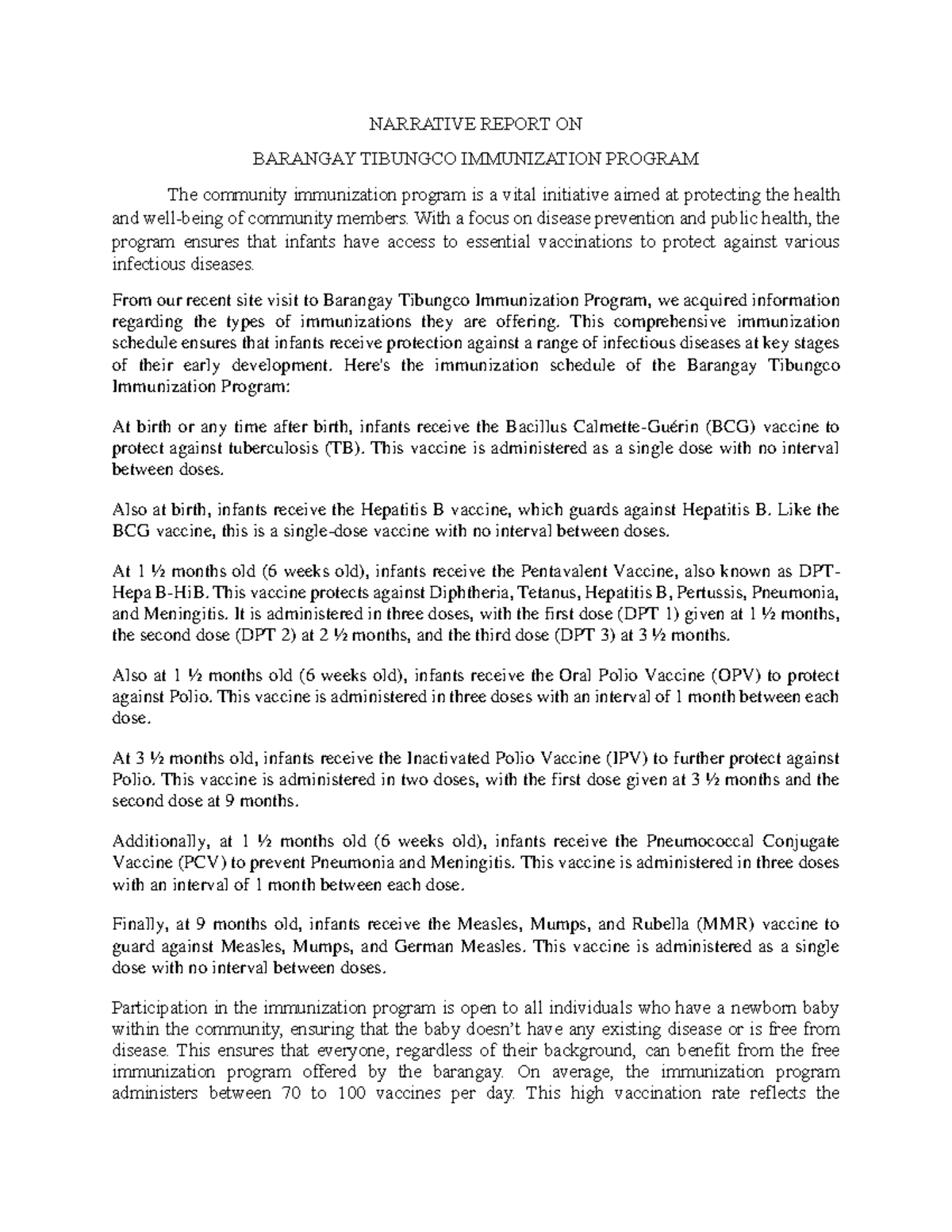 Immunization Narrative report - NARRATIVE REPORT ON BARANGAY TIBUNGCO ...