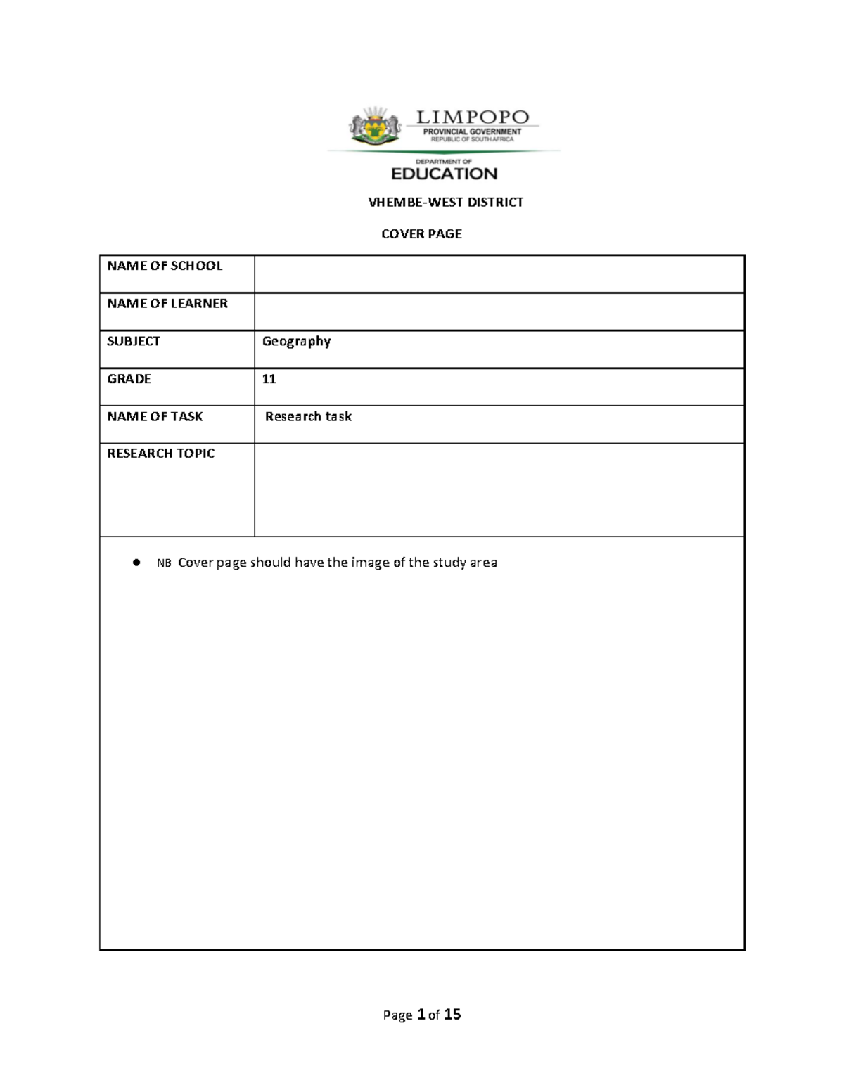 Research Task Grade 11 2024 - VHEMBE-WEST DISTRICT COVER PAGE NAME OF ...